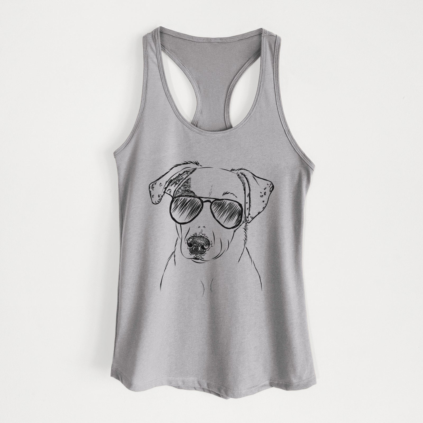 Hand-drawn sketch of P Pie the Mixed Breed wearing aviator sunglasses on a Heather Grey Women's racerback tanktop
