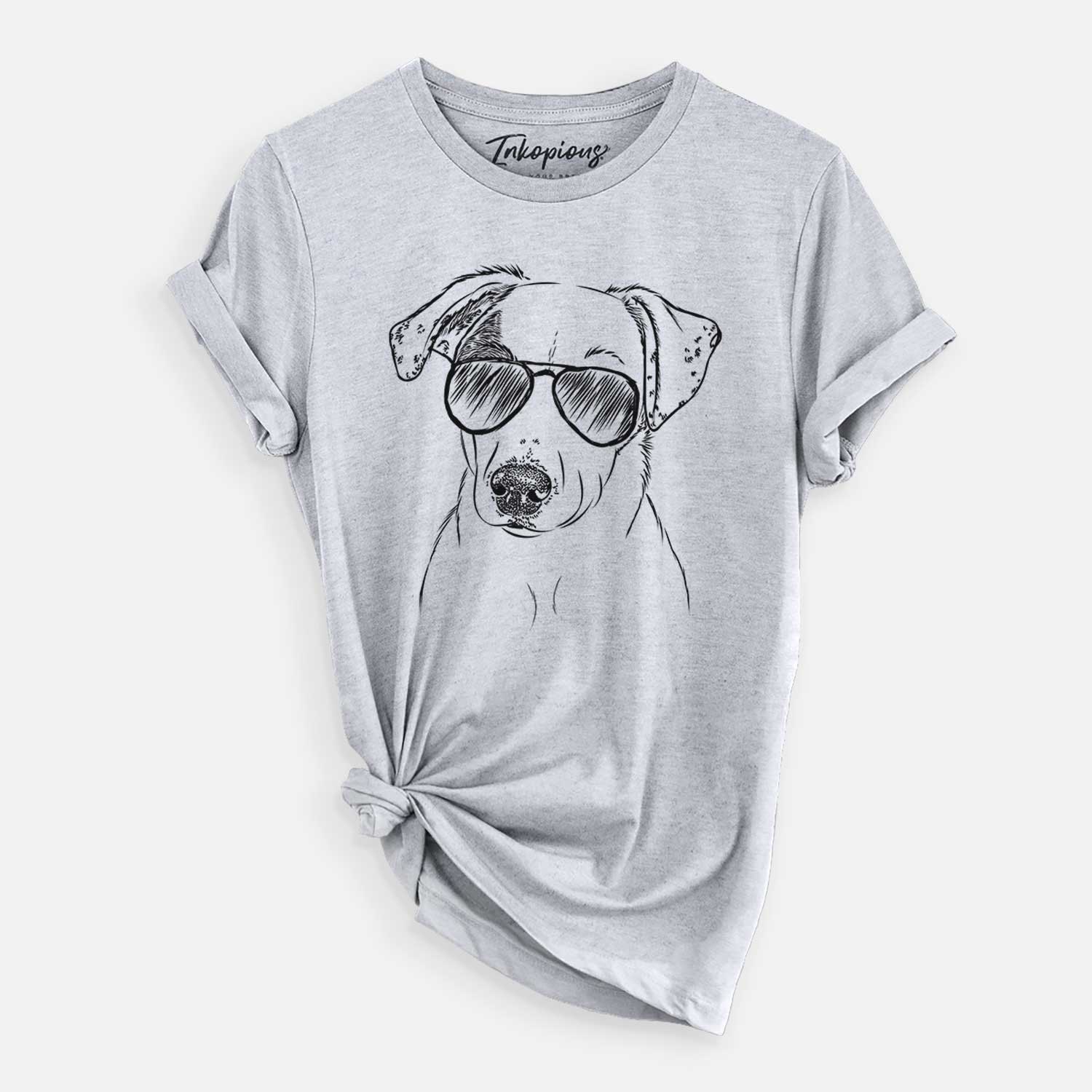 Hand-drawn sketch of P-Pie the Mixed Breed wearing aviator sunglasses on a Grey Unisex crewneck