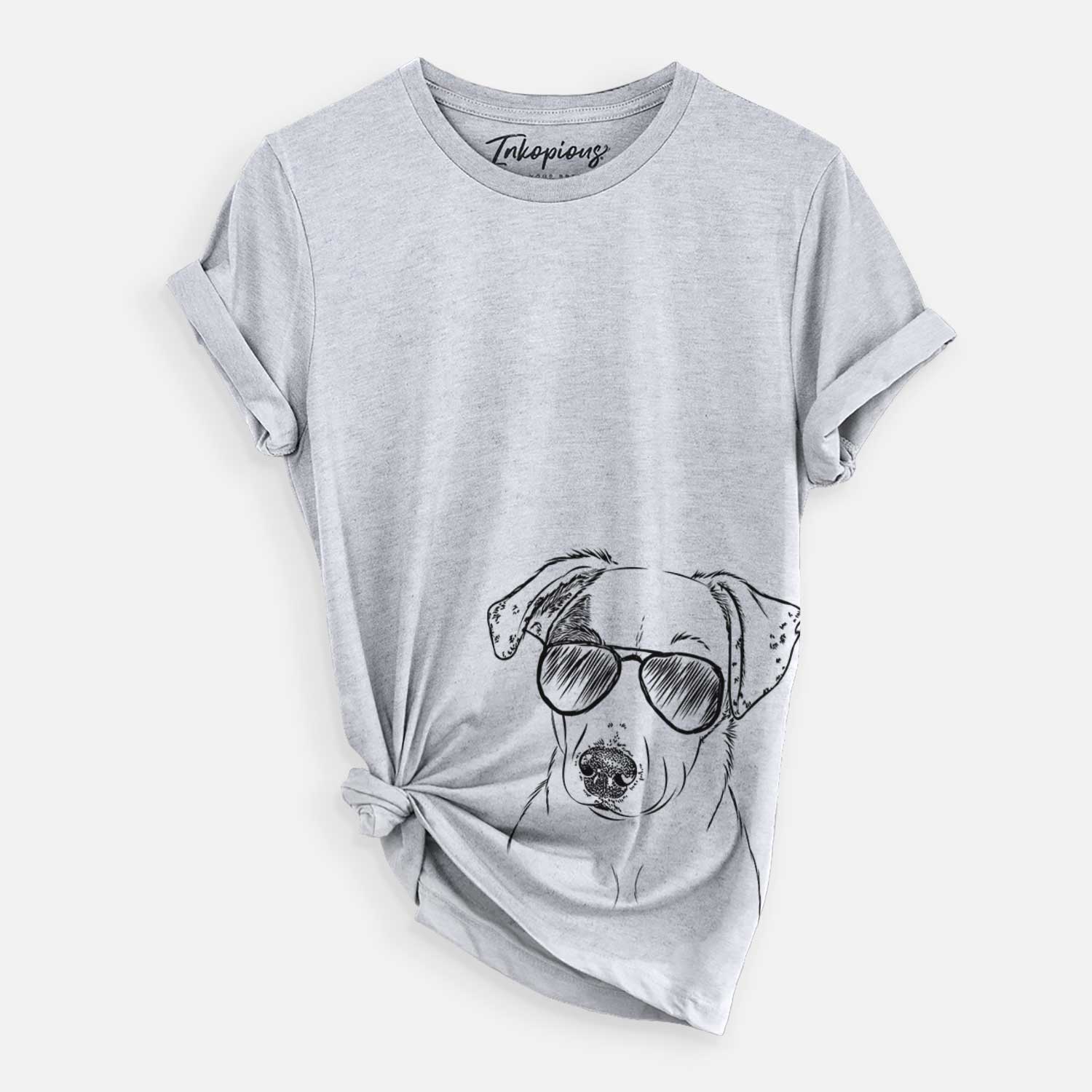 Hand-drawn sketch of P-Pie the Mixed Breed wearing aviator sunglasses on a Grey Unisex crewneck