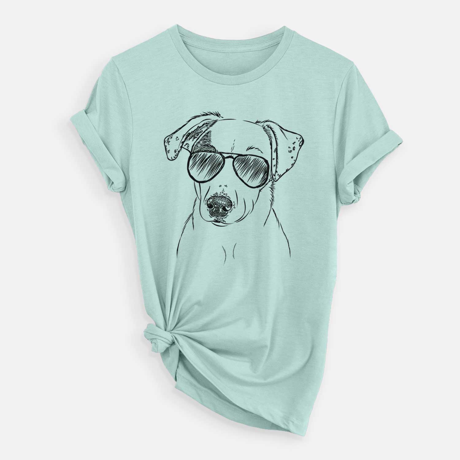 Hand-drawn sketch of P-Pie the Mixed Breed wearing aviator sunglasses on a Heather Sage Unisex crewneck