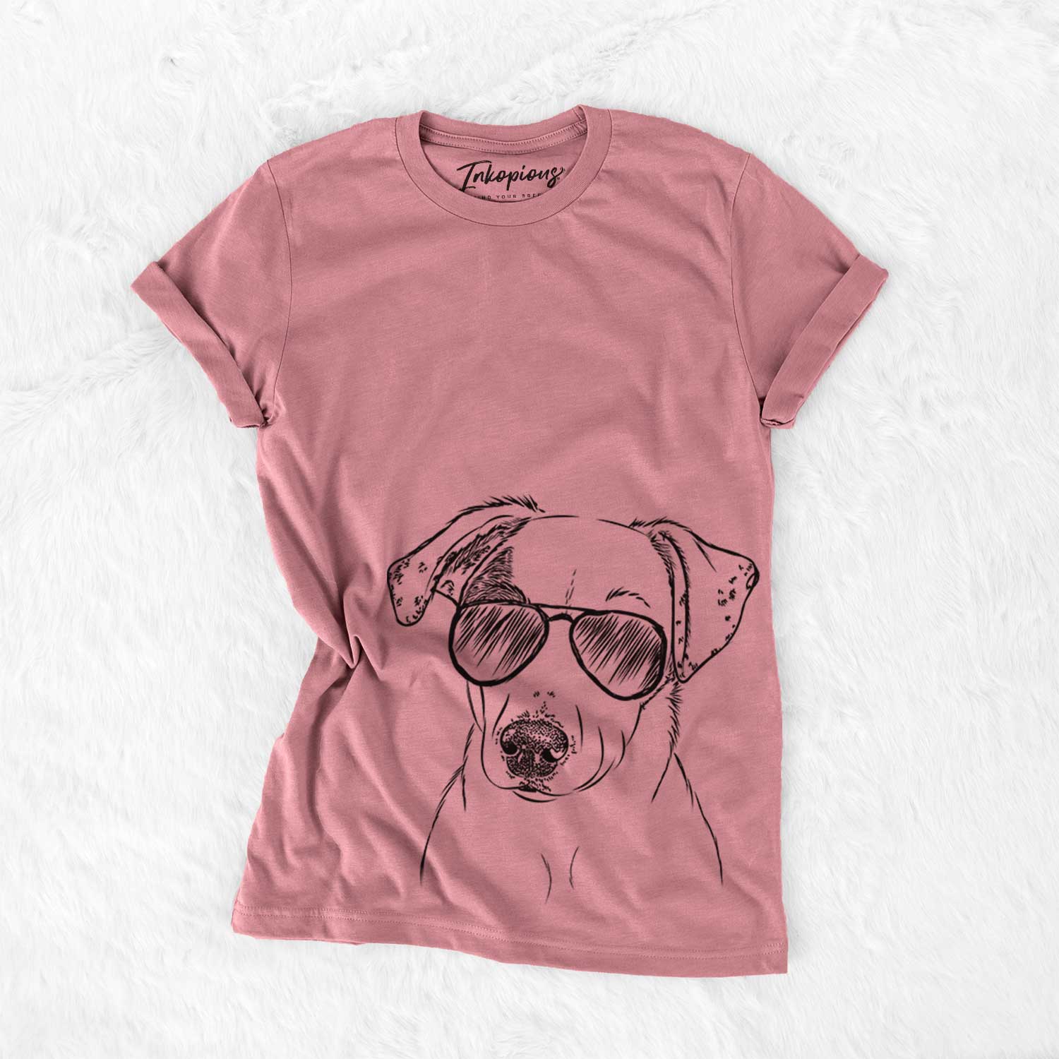 Hand-drawn sketch of P-Pie the Mixed Breed wearing aviator sunglasses on a Mauve Unisex crewneck