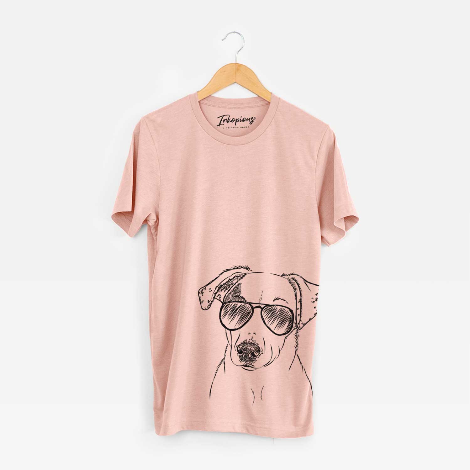 Hand-drawn sketch of P-Pie the Mixed Breed wearing aviator sunglasses on a Peach Unisex crewneck