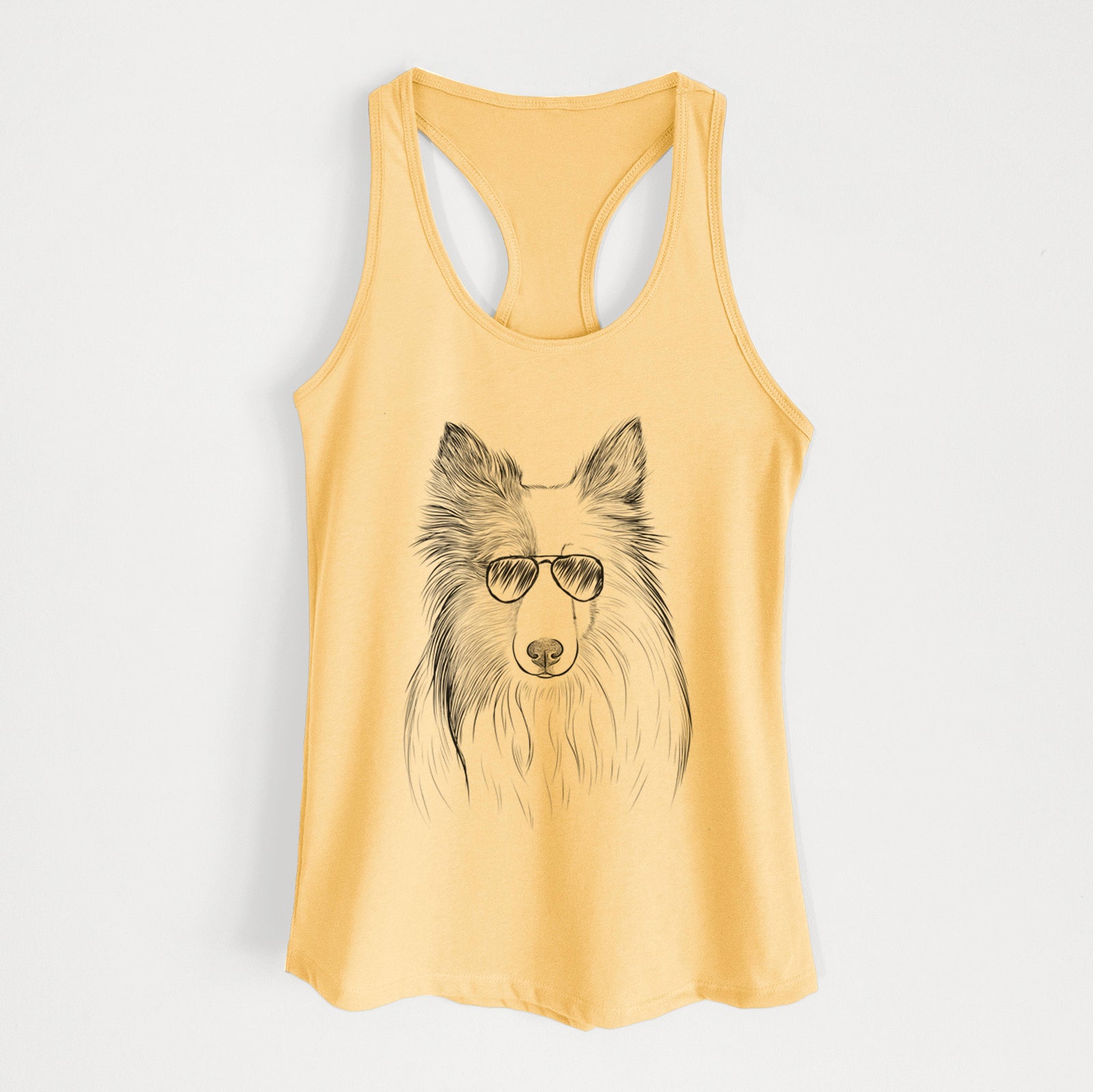 Hand-drawn sketch of Palin the Shetland Sheepdog wearing aviator sunglasses on a Banana Cream Women's racerback tanktop