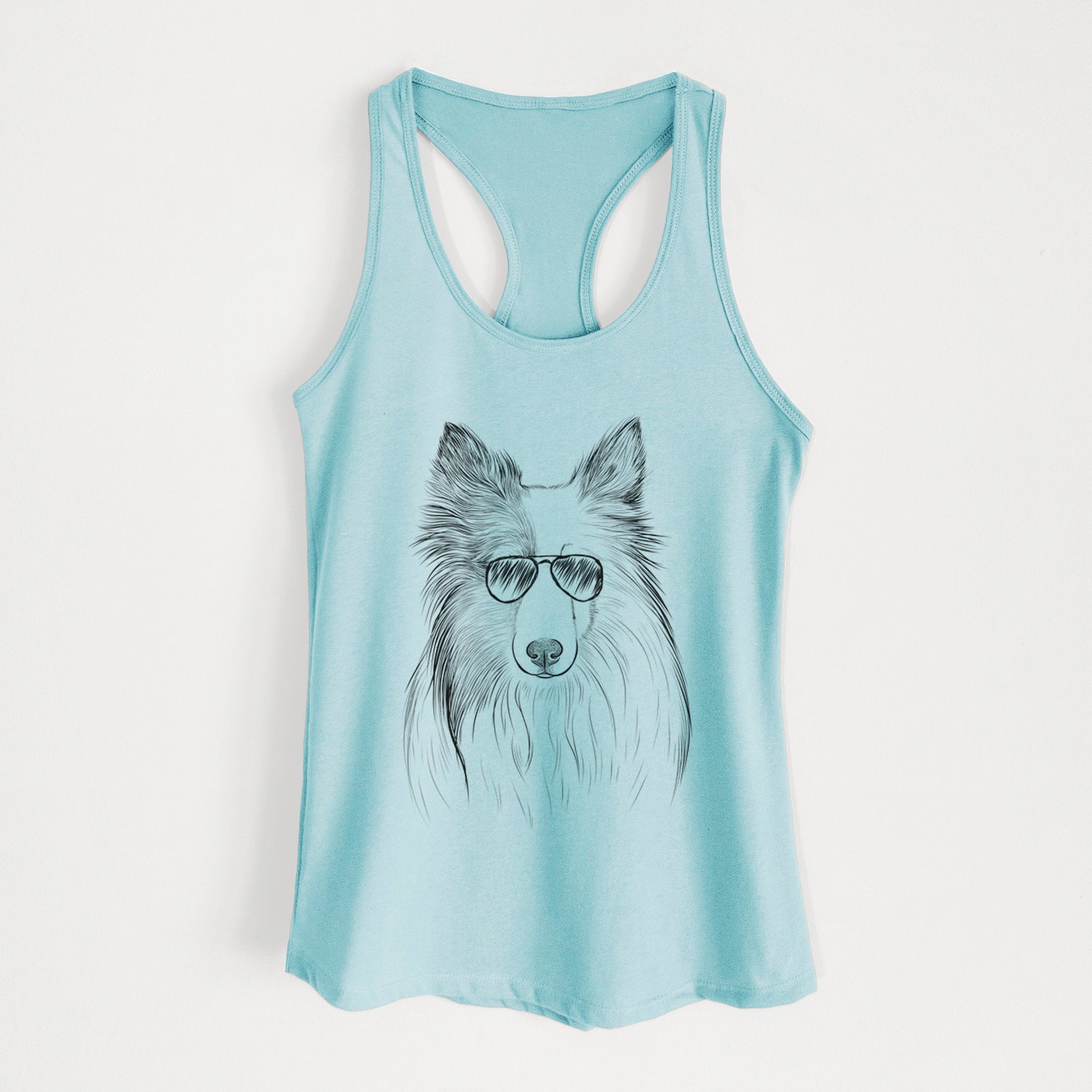 Hand-drawn sketch of Palin the Shetland Sheepdog wearing aviator sunglasses on a Cancun Blue Women's racerback tanktop