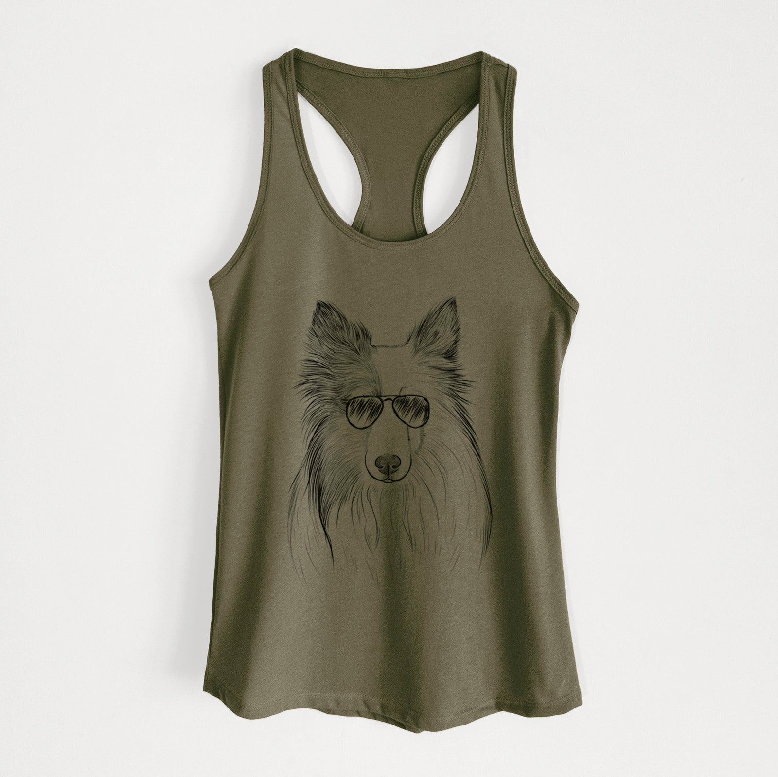 Hand-drawn sketch of Palin the Shetland Sheepdog wearing aviator sunglasses on a Military Green Women's racerback tanktop