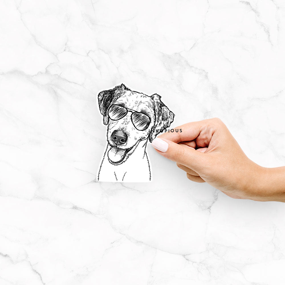 Hand-drawn sketch of Palm Palm the Aussiedoddle wearing aviator sunglasses on a decal sticker