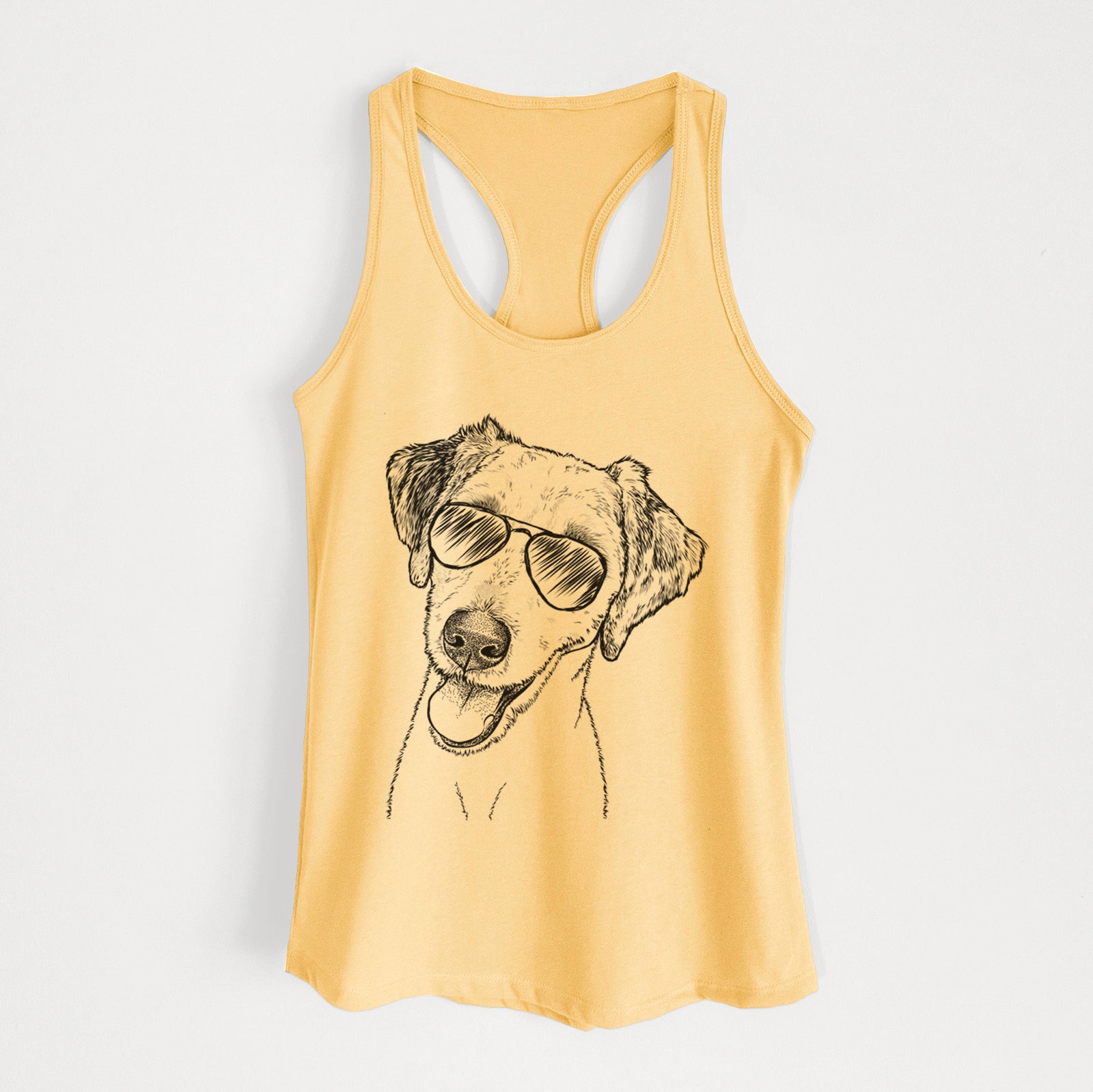 Hand-drawn sketch of Palm Palm the Aussiedoodle wearing aviator sunglasses on a Banana Cream Women's racerback tanktop