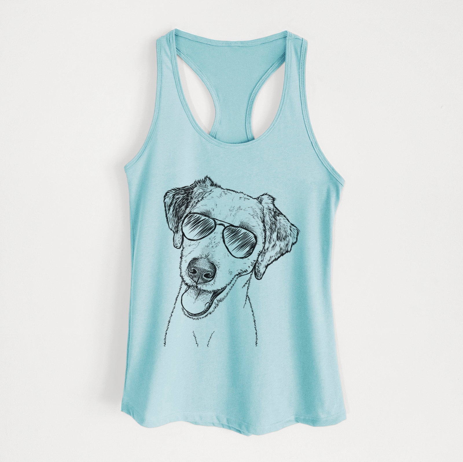 Hand-drawn sketch of Palm Palm the Aussiedoodle wearing aviator sunglasses on a Cancun Blue Women's racerback tanktop