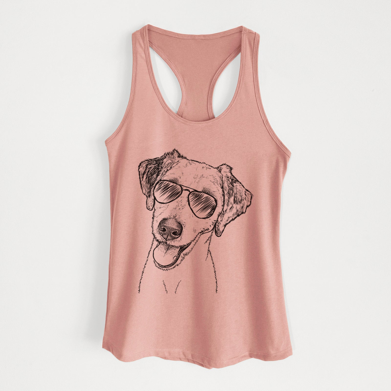 Hand-drawn sketch of Palm Palm the Aussiedoodle wearing aviator sunglasses on a Desert Pink Women's racerback tanktop