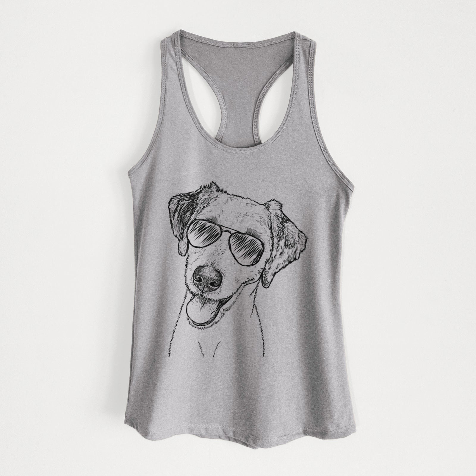 Hand-drawn sketch of Palm Palm the Aussiedoodle wearing aviator sunglasses on a Heather Grey Women's racerback tanktop