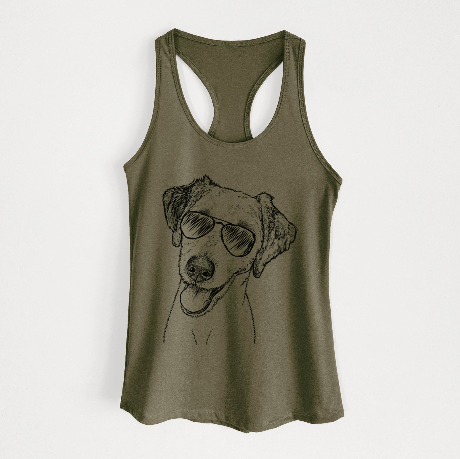 Hand-drawn sketch of Palm Palm the Aussiedoodle wearing aviator sunglasses on a Military Green Women's racerback tanktop