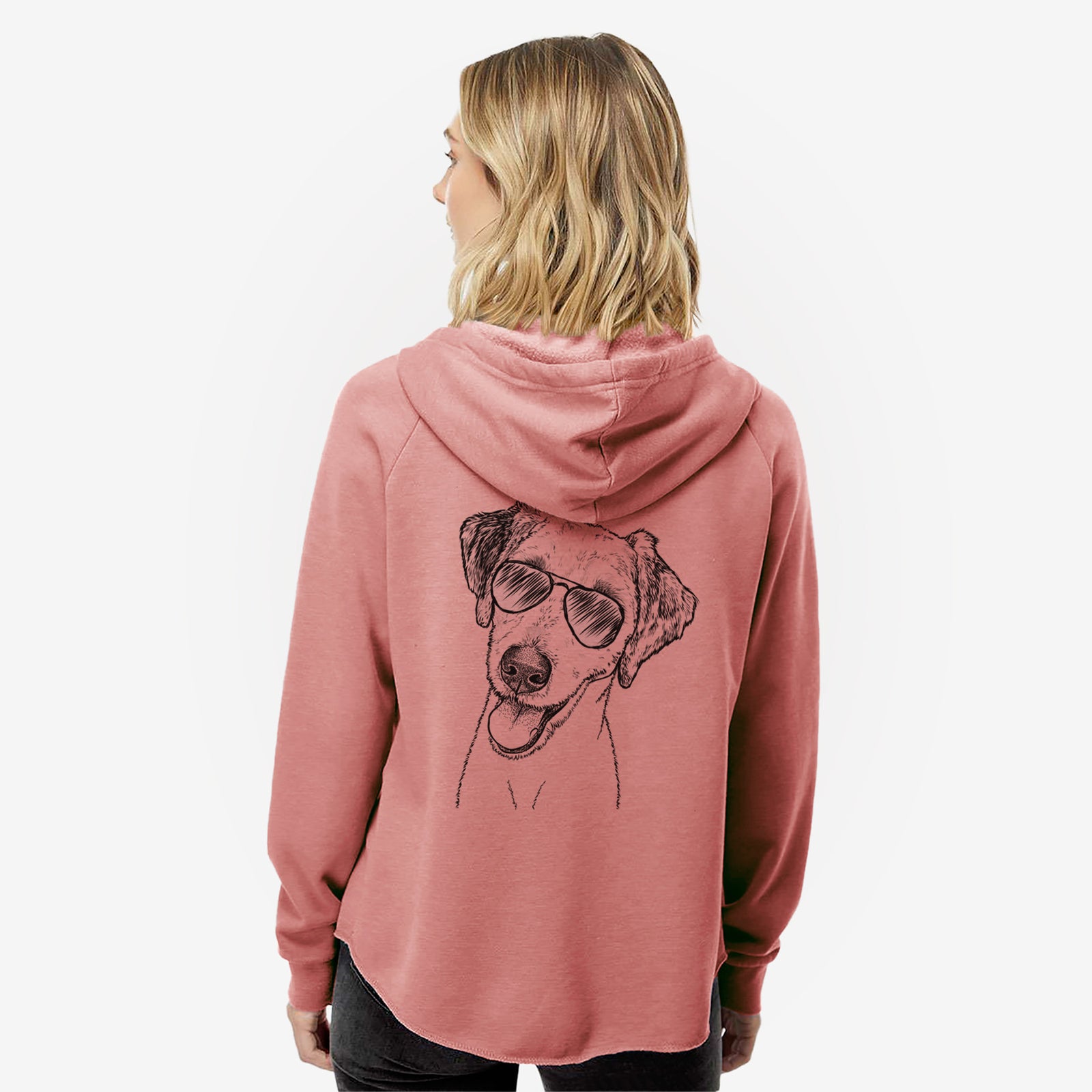 Hand-drawn sketch of Palm Palm the Aussiedoodle wearing aviator sunglasses on a Dusty Rose Women's cali wave zip-up sweatshirt