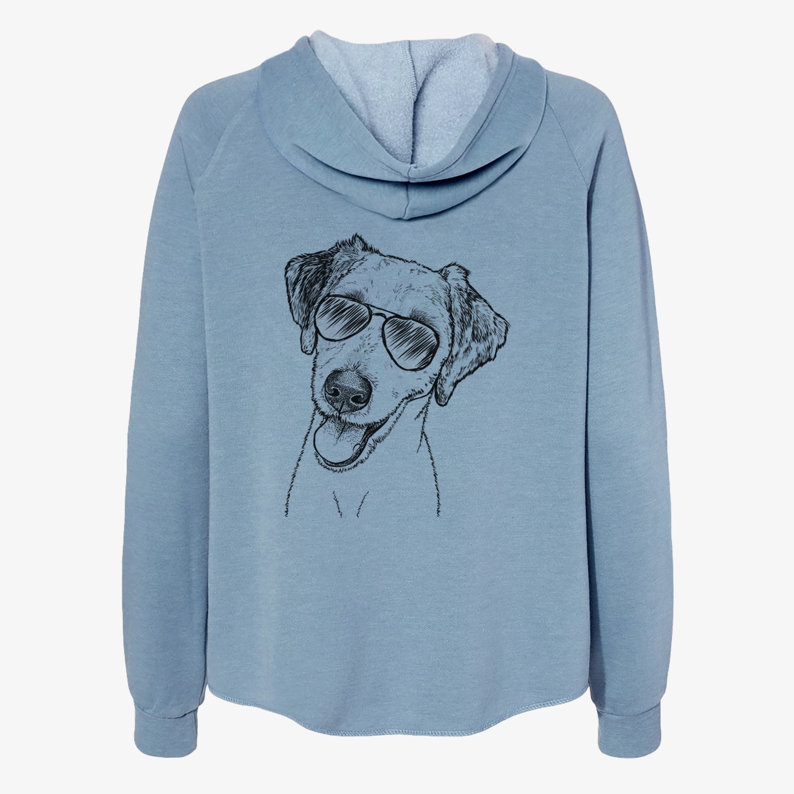 Hand-drawn sketch of Palm Palm the Aussiedoodle wearing aviator sunglasses on a Misty Blue Women's cali wave zip-up sweatshirt