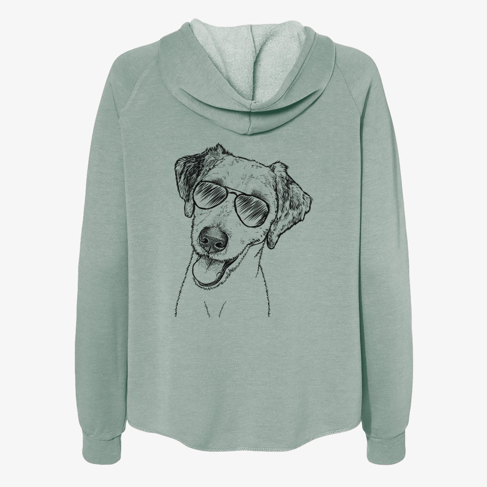 Hand-drawn sketch of Palm Palm the Aussiedoodle wearing aviator sunglasses on a Sage Women's cali wave zip-up sweatshirt