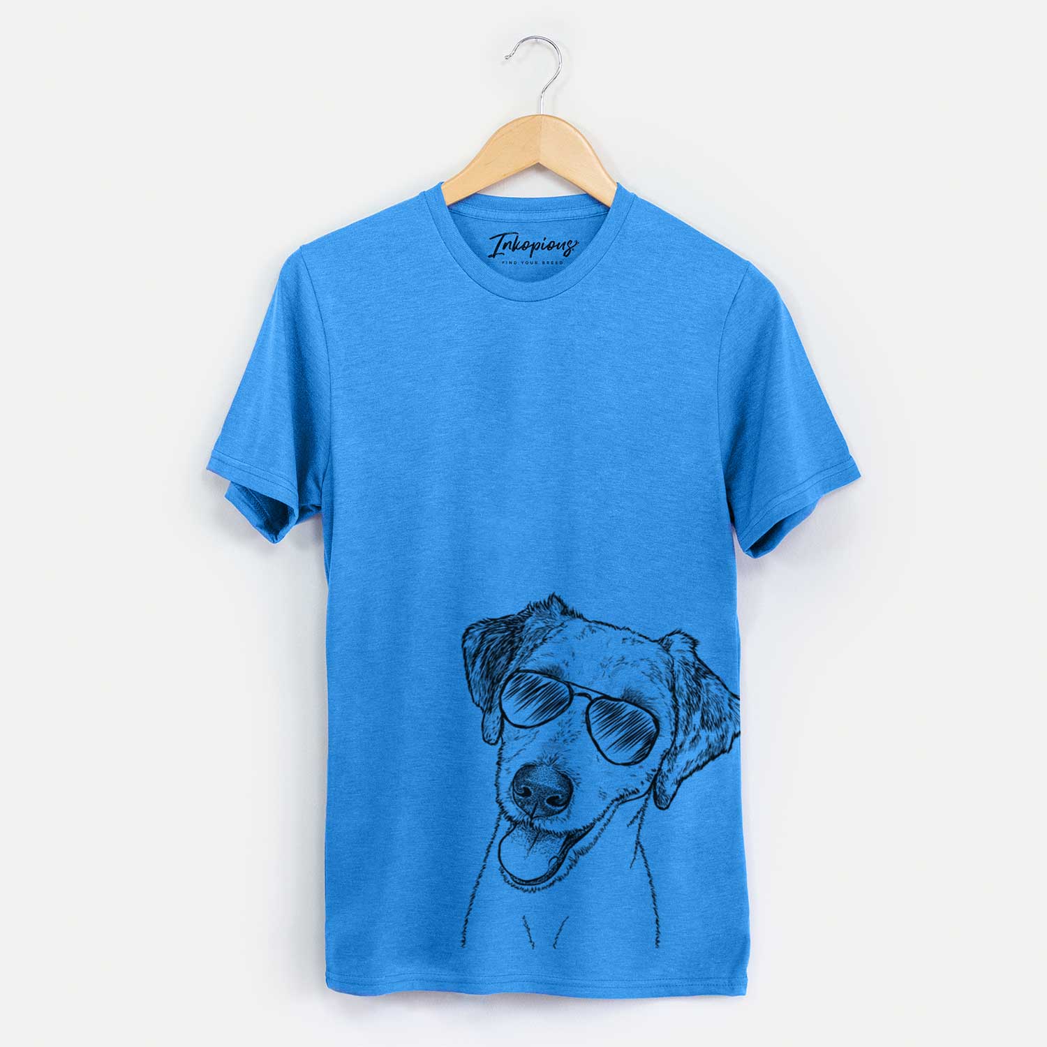 Hand-drawn sketch of Palm Palm the Aussiedoodle wearing aviator sunglasses on a Blue Unisex crewneck