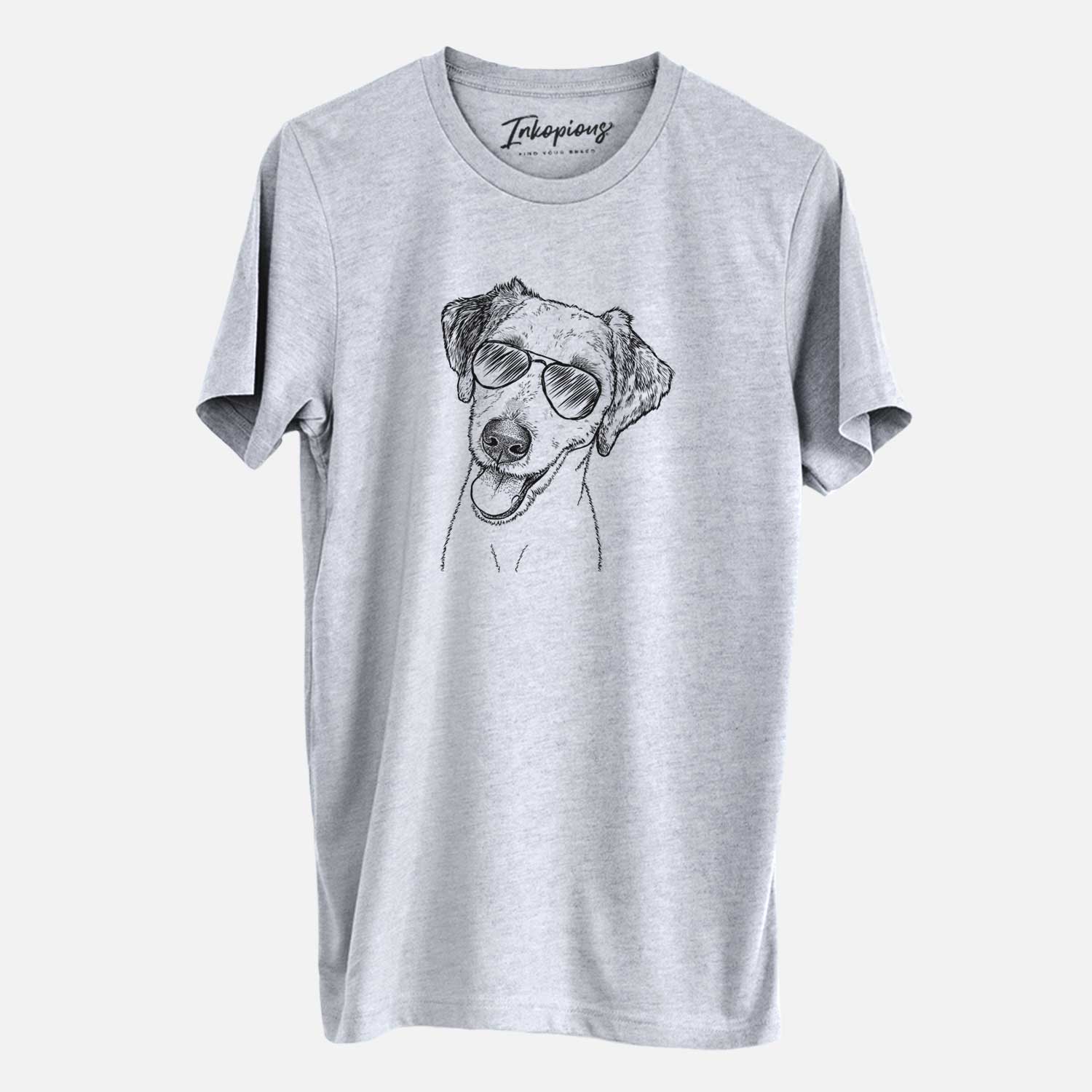 Hand-drawn sketch of Palm Palm the Aussiedoodle wearing aviator sunglasses on a Grey Unisex crewneck