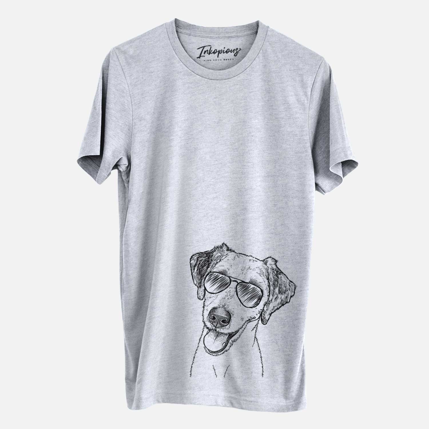 Hand-drawn sketch of Palm Palm the Aussiedoodle wearing aviator sunglasses on a Grey Unisex crewneck
