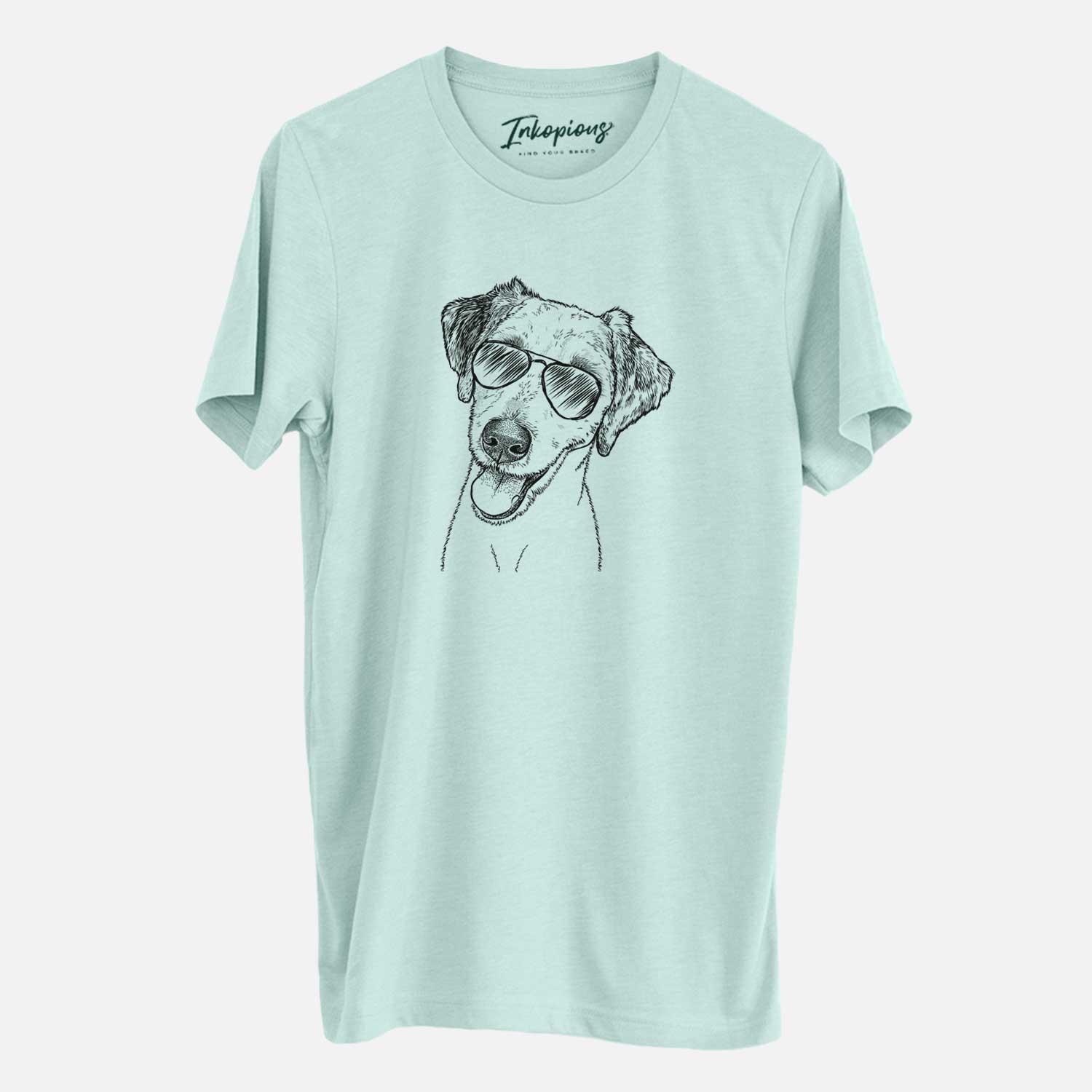 Hand-drawn sketch of Palm Palm the Aussiedoodle wearing aviator sunglasses on a Heather Sage Unisex crewneck