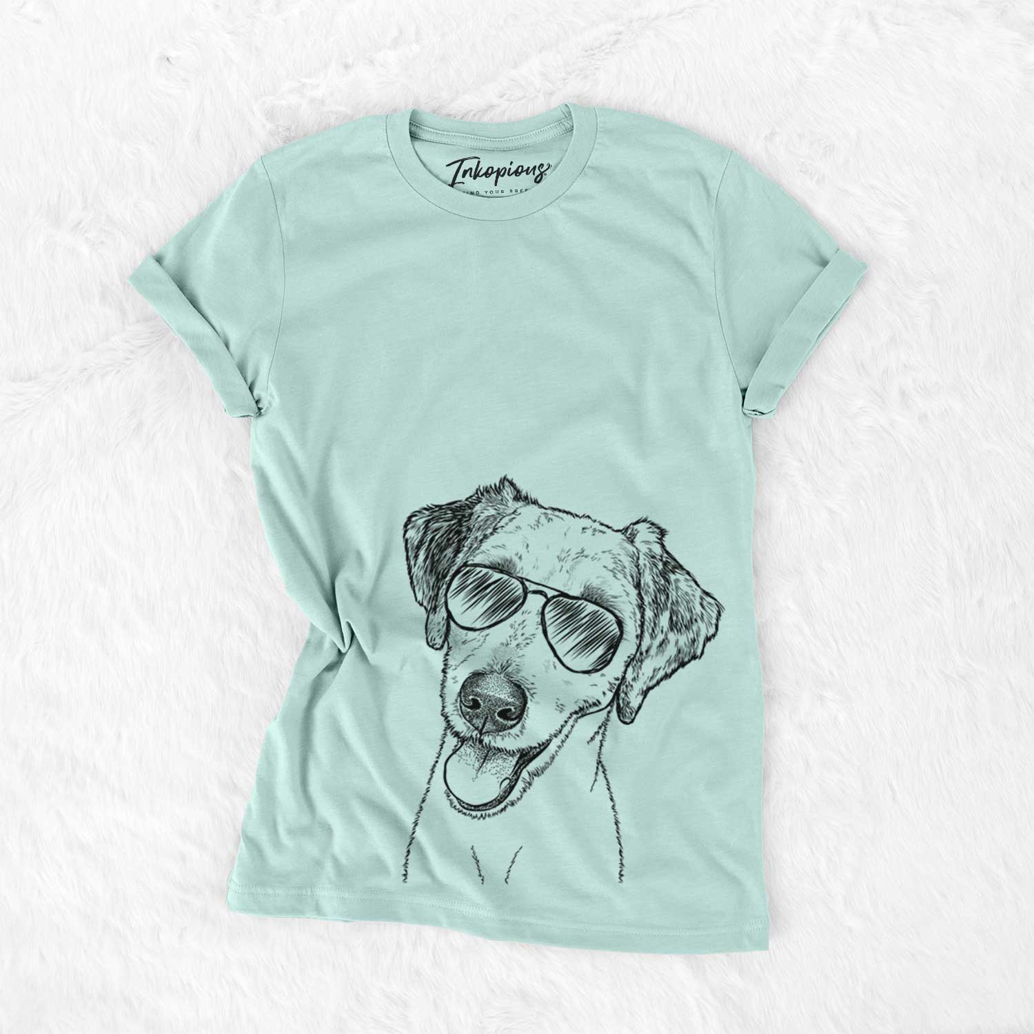 Hand-drawn sketch of Palm Palm the Aussiedoodle wearing aviator sunglasses on a Heather Sage Unisex crewneck