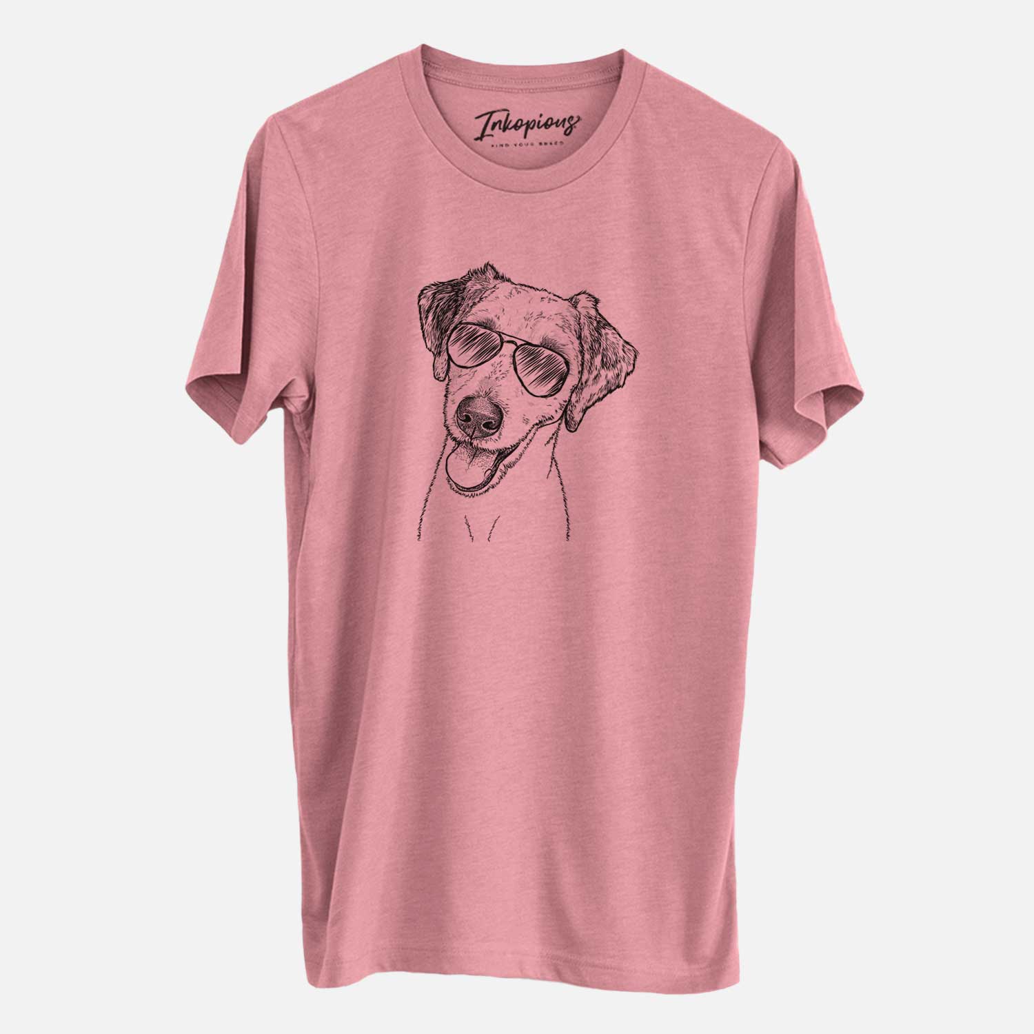 Hand-drawn sketch of Palm Palm the Aussiedoodle wearing aviator sunglasses on a Mauve Unisex crewneck