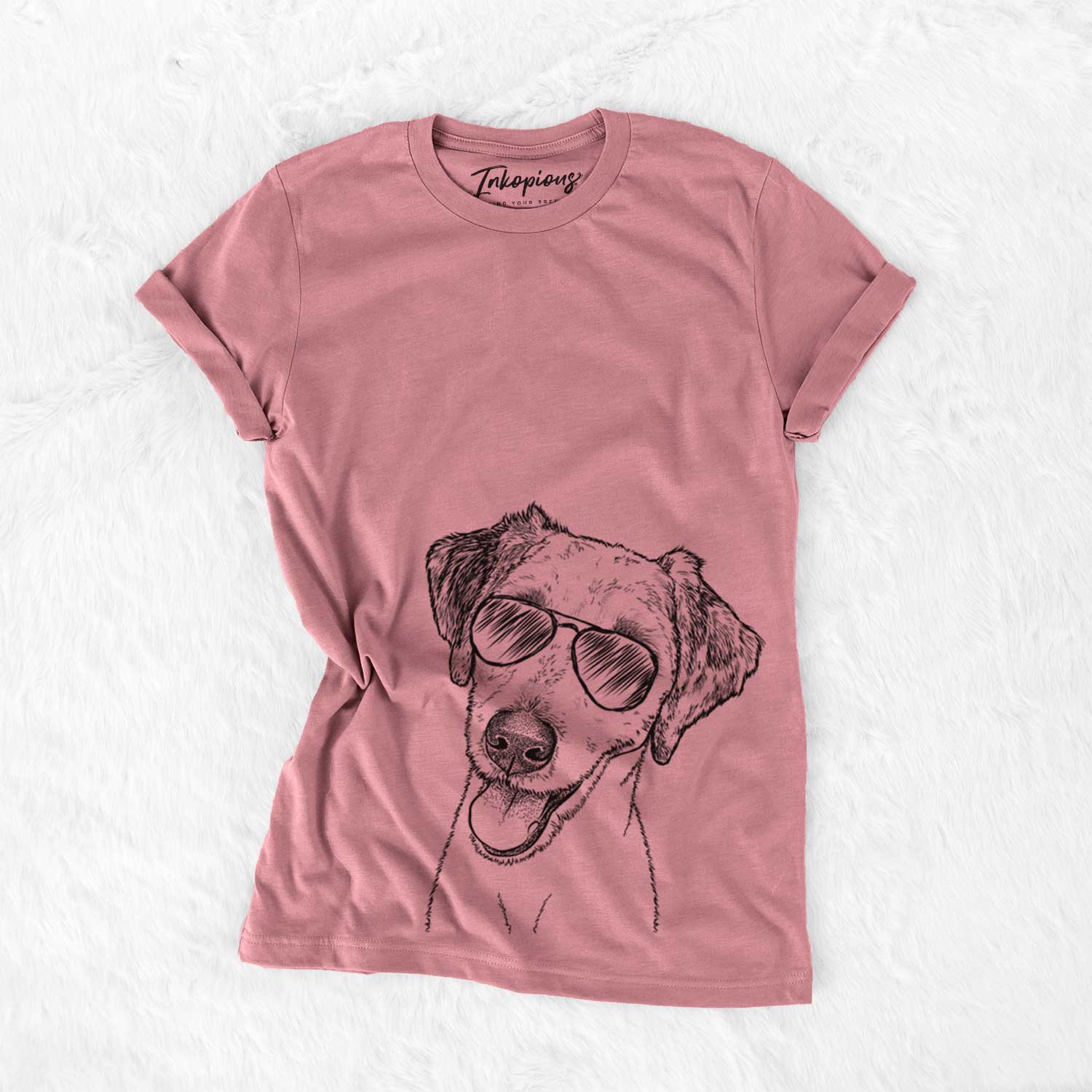 Hand-drawn sketch of Palm Palm the Aussiedoodle wearing aviator sunglasses on a Mauve Unisex crewneck