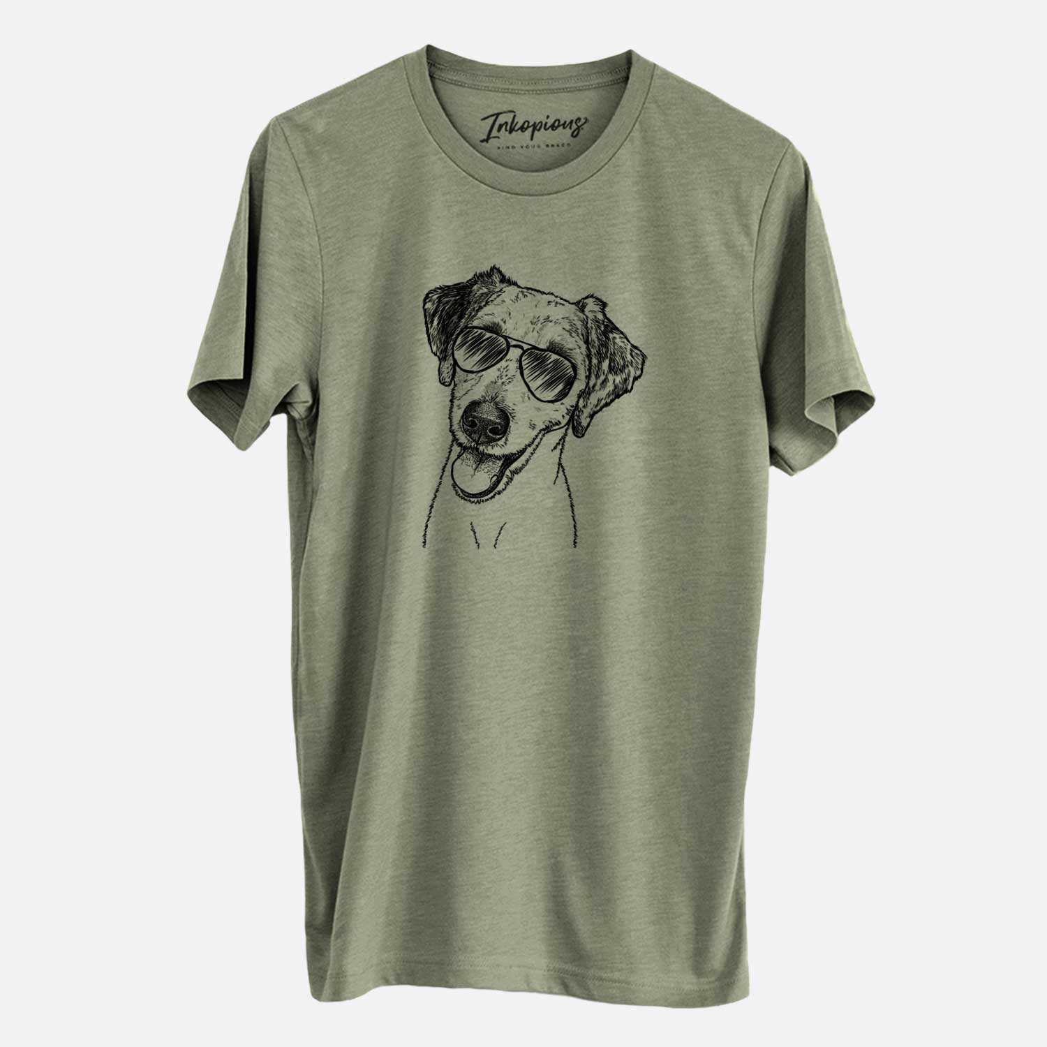 Hand-drawn sketch of Palm Palm the Aussiedoodle wearing aviator sunglasses on an Olive Unisex crewneck