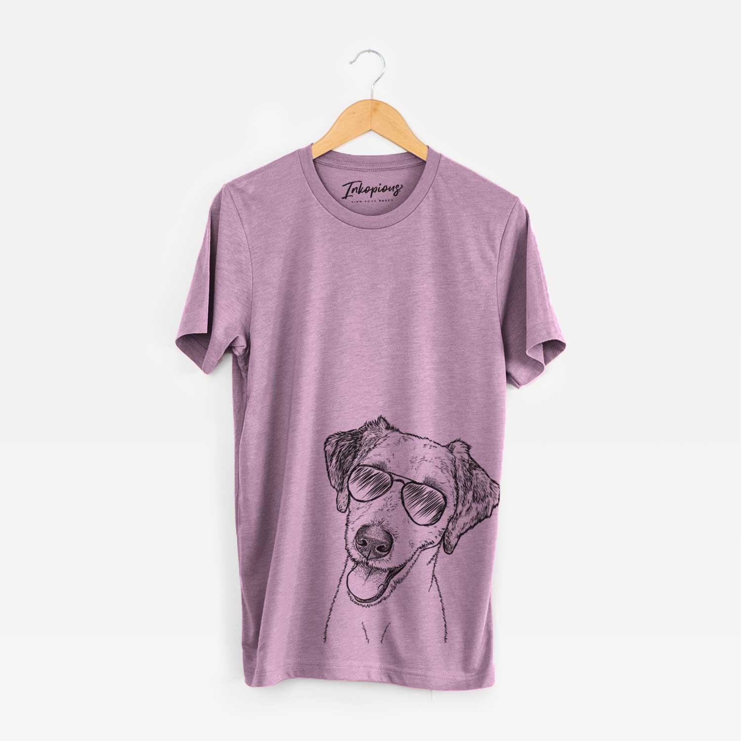 Hand-drawn sketch of Palm Palm the Aussiedoddle wearing aviator sunglasses on an Orchid Bella Canvas Unisex Crewneck