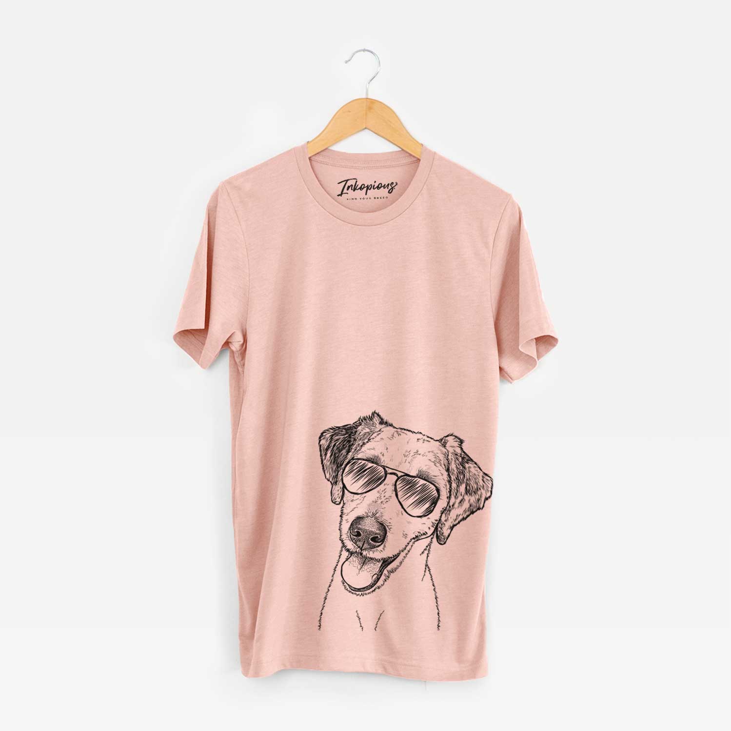 Hand-drawn sketch of Palm Palm the Aussiedoodle wearing aviator sunglasses on a Peach Unisex crewneck