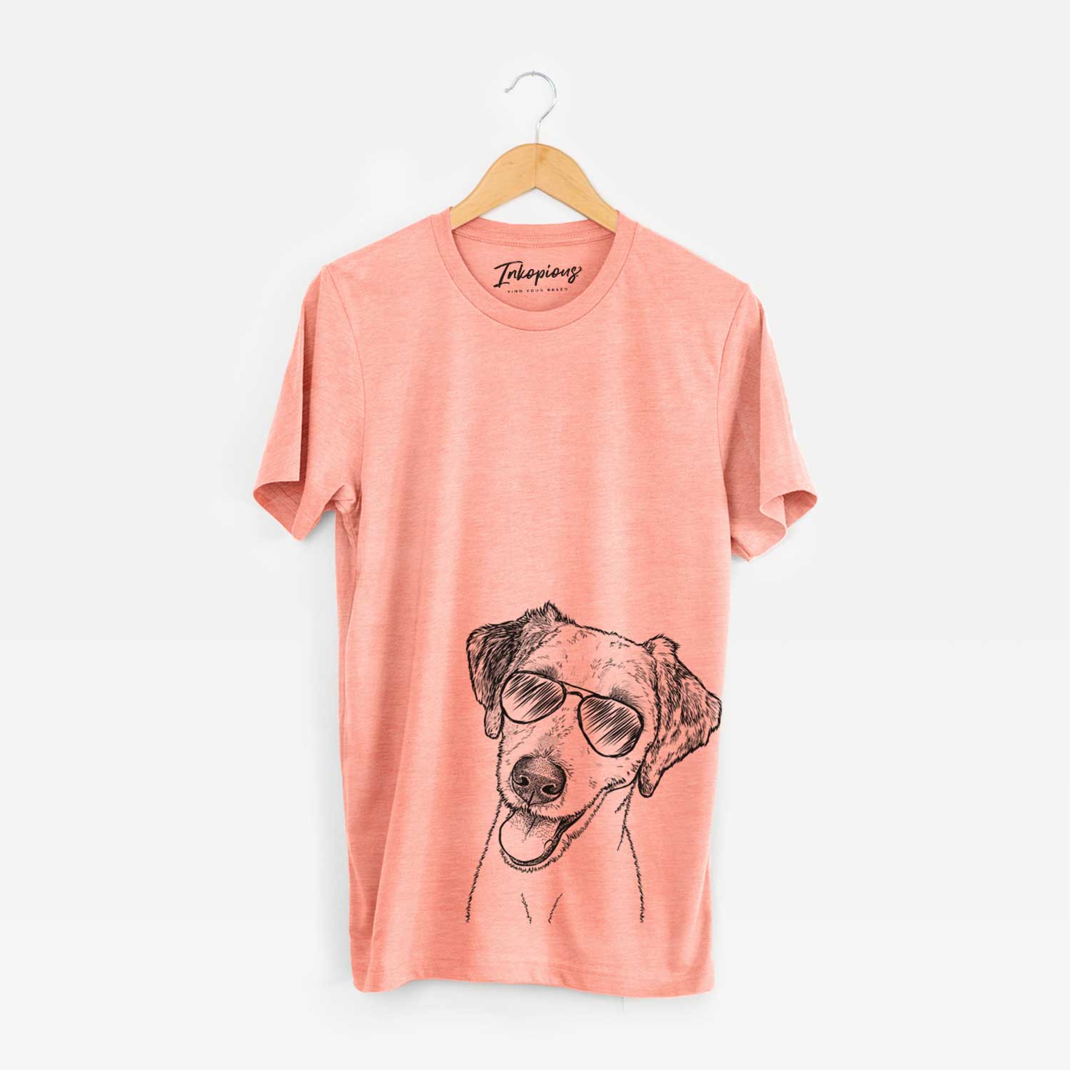 Hand-drawn sketch of Palm Palm the Aussiedoodle wearing aviator sunglasses on a Sunset Unisex crewneck