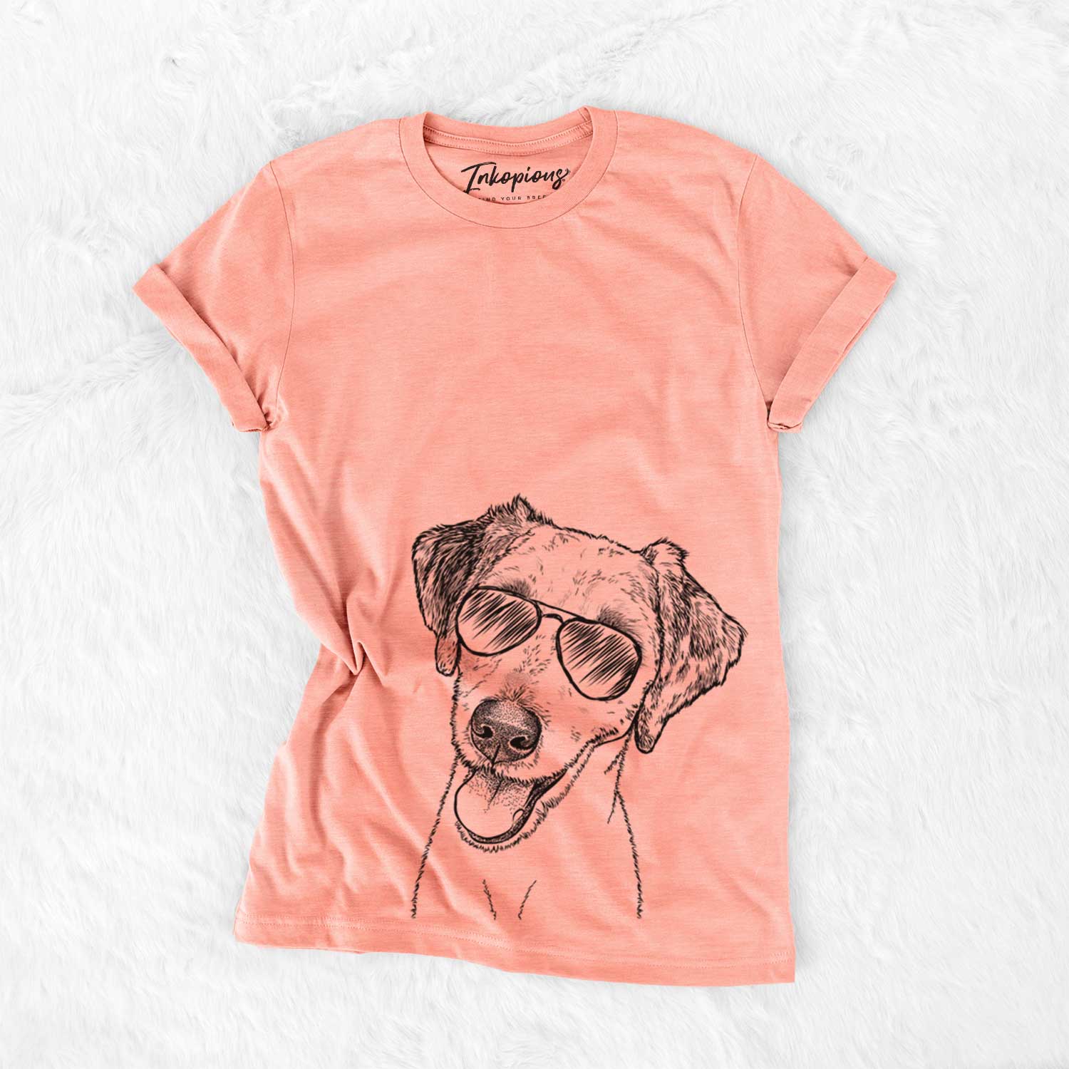 Hand-drawn sketch of Palm Palm the Aussiedoddle wearing aviator sunglasses on a Sunset Bella Canvas Unisex Crewneck