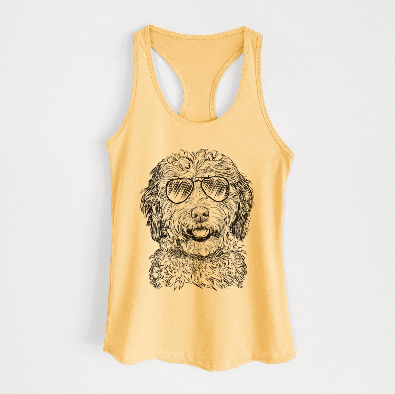 Hand-drawn sketch of Palmer the Aussiedoodle wearing aviator sunglasses on a Banana Cream Women's racerback tanktop