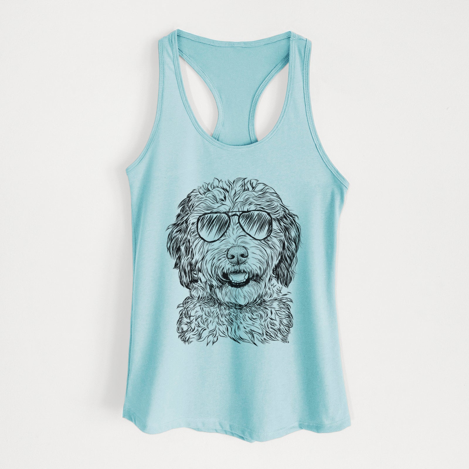 Hand-drawn sketch of Palmer the Aussiedoodle wearing aviator sunglasses on a Cancun Blue Women's racerback tanktop