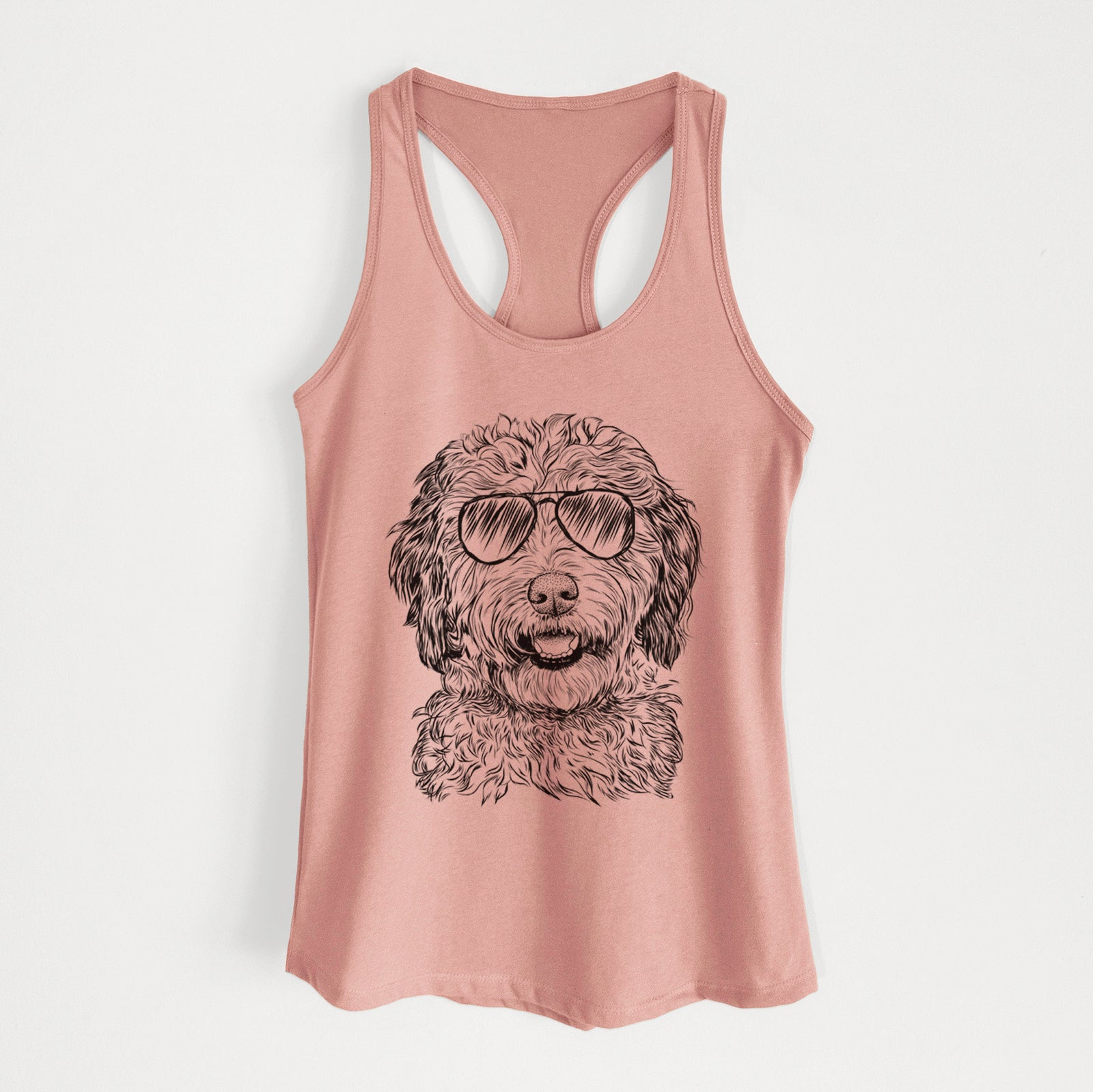 Hand-drawn sketch of Palmer the Aussiedoodle wearing aviator sunglasses on a Desert Pink Women's racerback tanktop