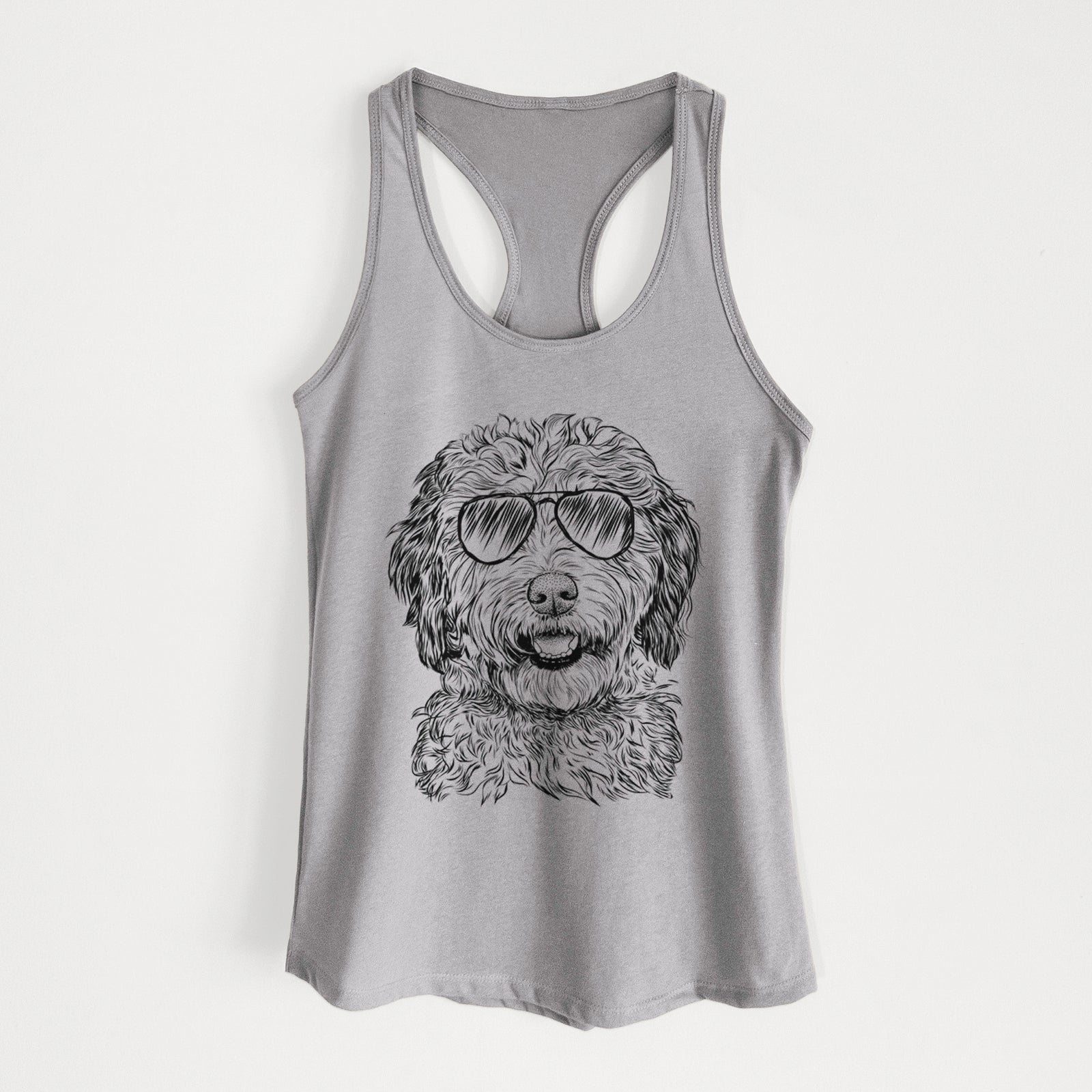 Hand-drawn sketch of Palmer the Aussiedoodle wearing aviator sunglasses on a Heather Grey Women's racerback tanktop