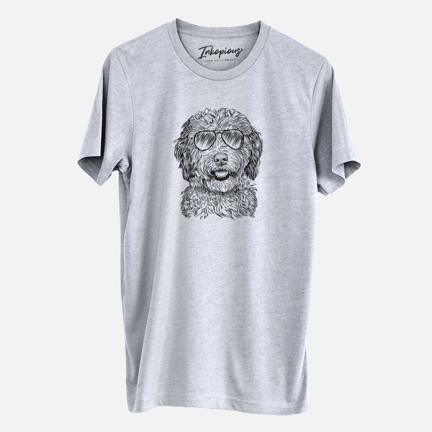 Hand-drawn sketch of Palmer the Aussiedoodle wearing aviator sunglasses on a Grey Unisex crewneck