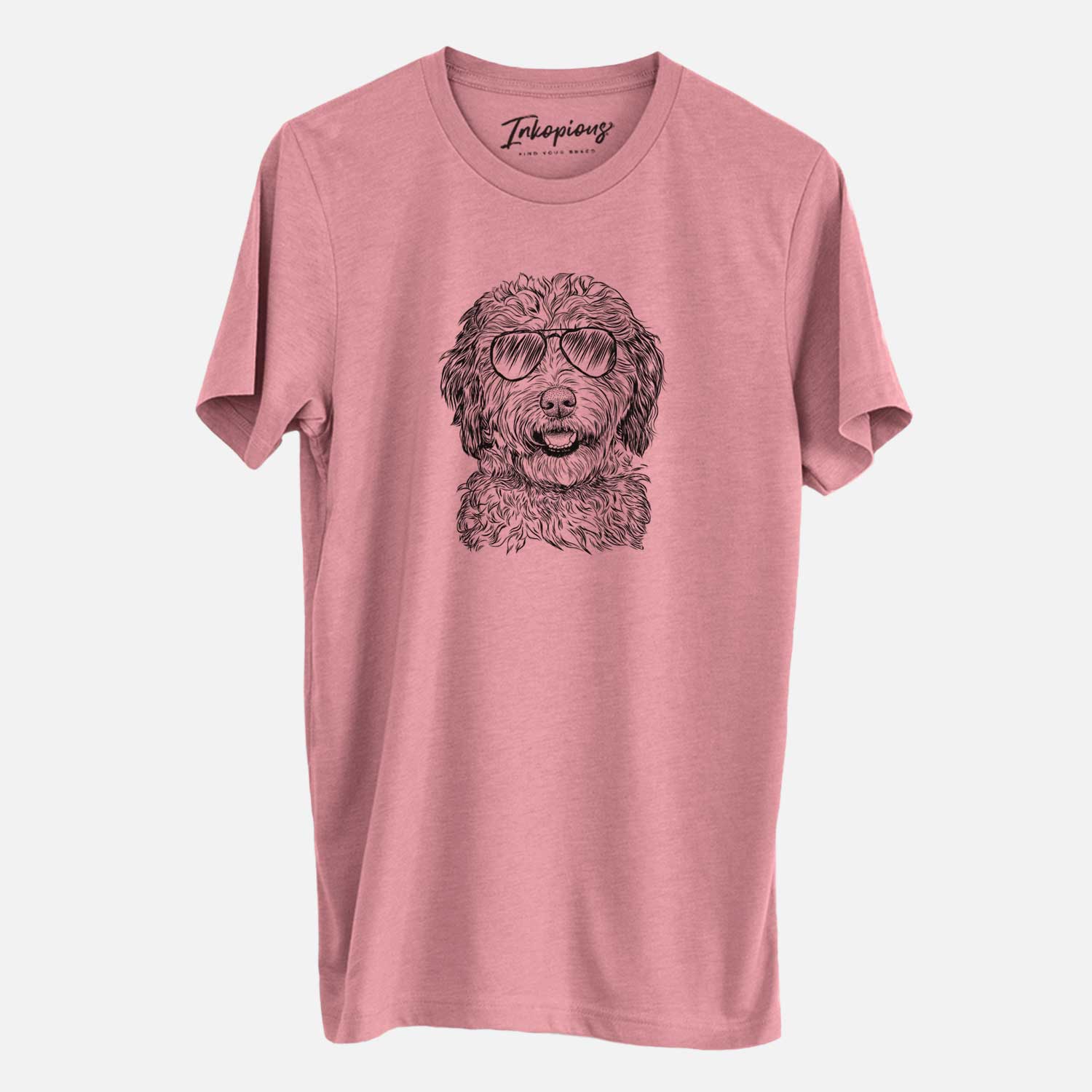 Hand-drawn sketch of Palmer the Aussiedoodle wearing aviator sunglasses on a Mauve Unisex crewneck