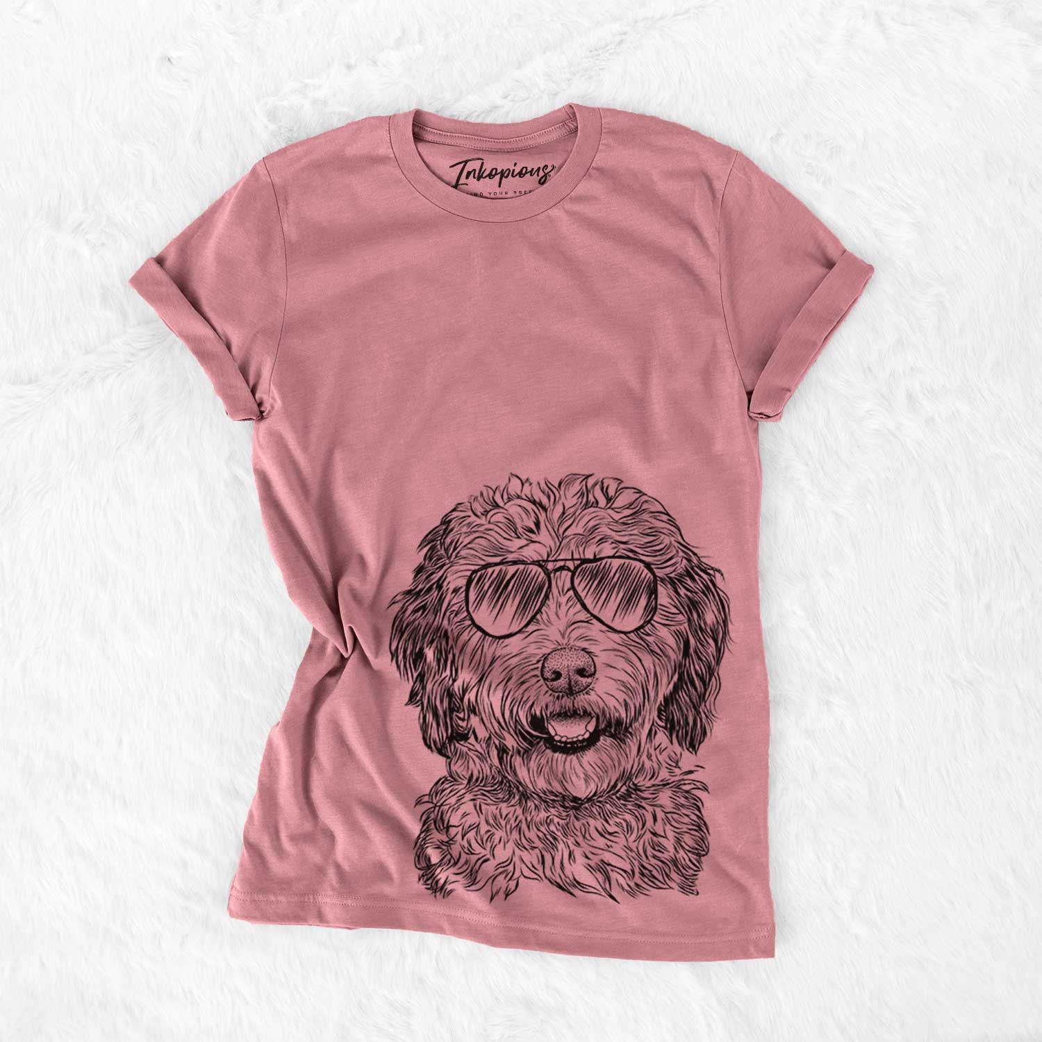 Hand-drawn sketch of Palmer the Aussiedoodle wearing aviator sunglasses on a Mauve Bella Canvas Unisex Crewneck
