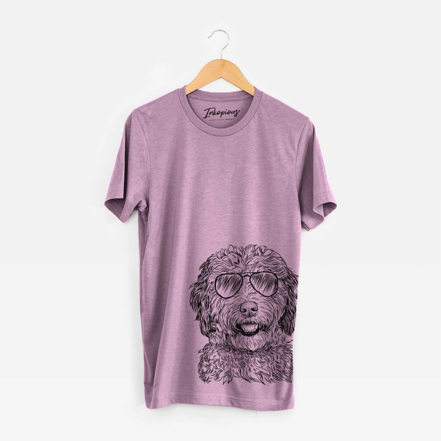 Hand-drawn sketch of Palmer the Aussiedoodle wearing aviator sunglasses on an Orchid Bella Canvas Unisex Crewneck