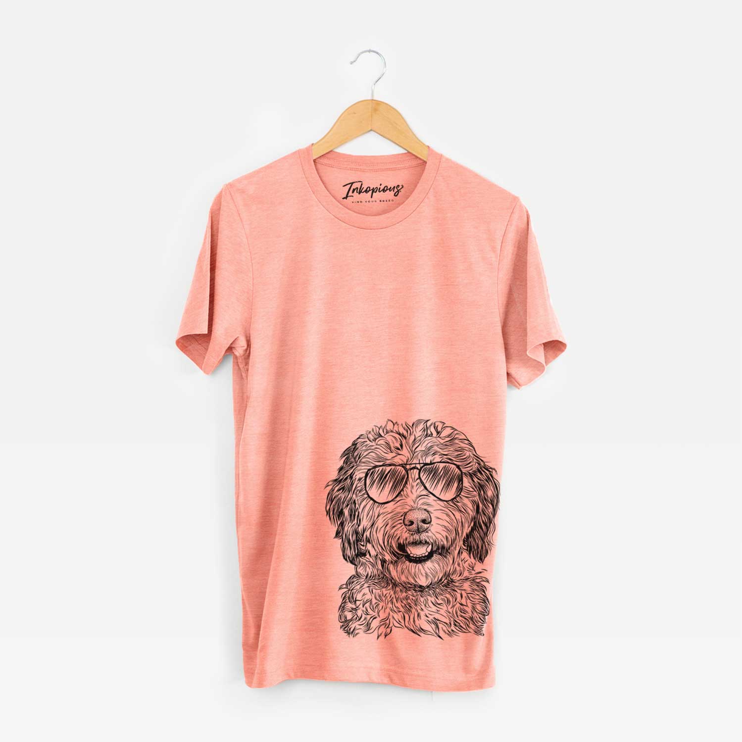 Hand-drawn sketch of Palmer the Aussiedoodle wearing aviator sunglasses on a Sunset Unisex crewneck