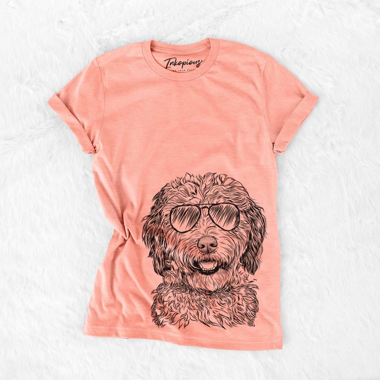 Hand-drawn sketch of Palmer the Aussiedoodle wearing aviator sunglasses on a Sunset Bella Canvas Unisex Crewneck