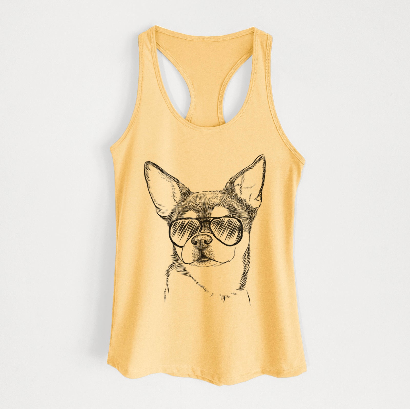 Hand-drawn sketch of Paris the Chihuahua wearing aviator sunglasses on a Banana Cream Women's racerback tanktop