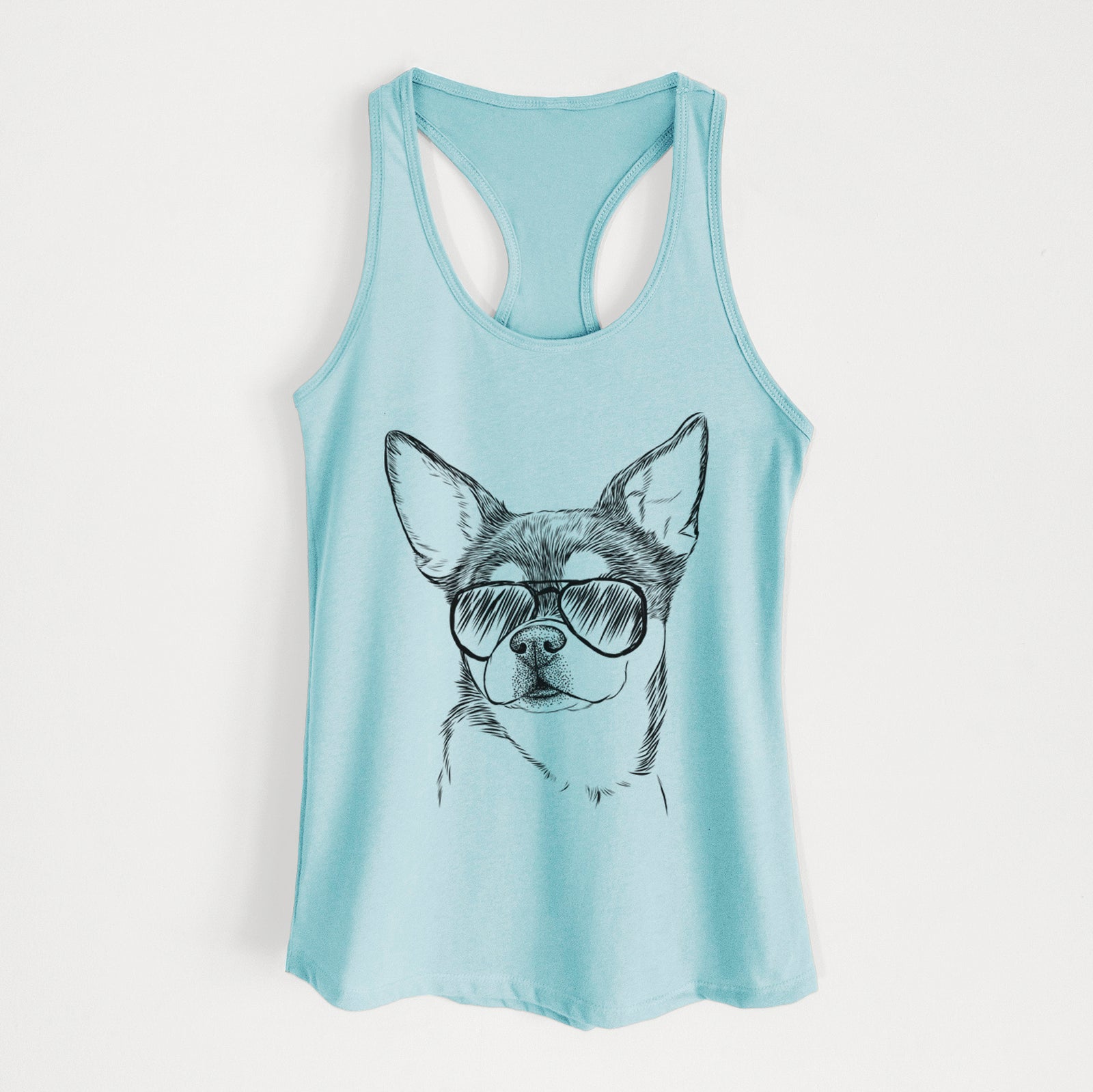 Hand-drawn sketch of Paris the Chihuahua wearing aviator sunglasses on a Cancun Blue Women's racerback tanktop