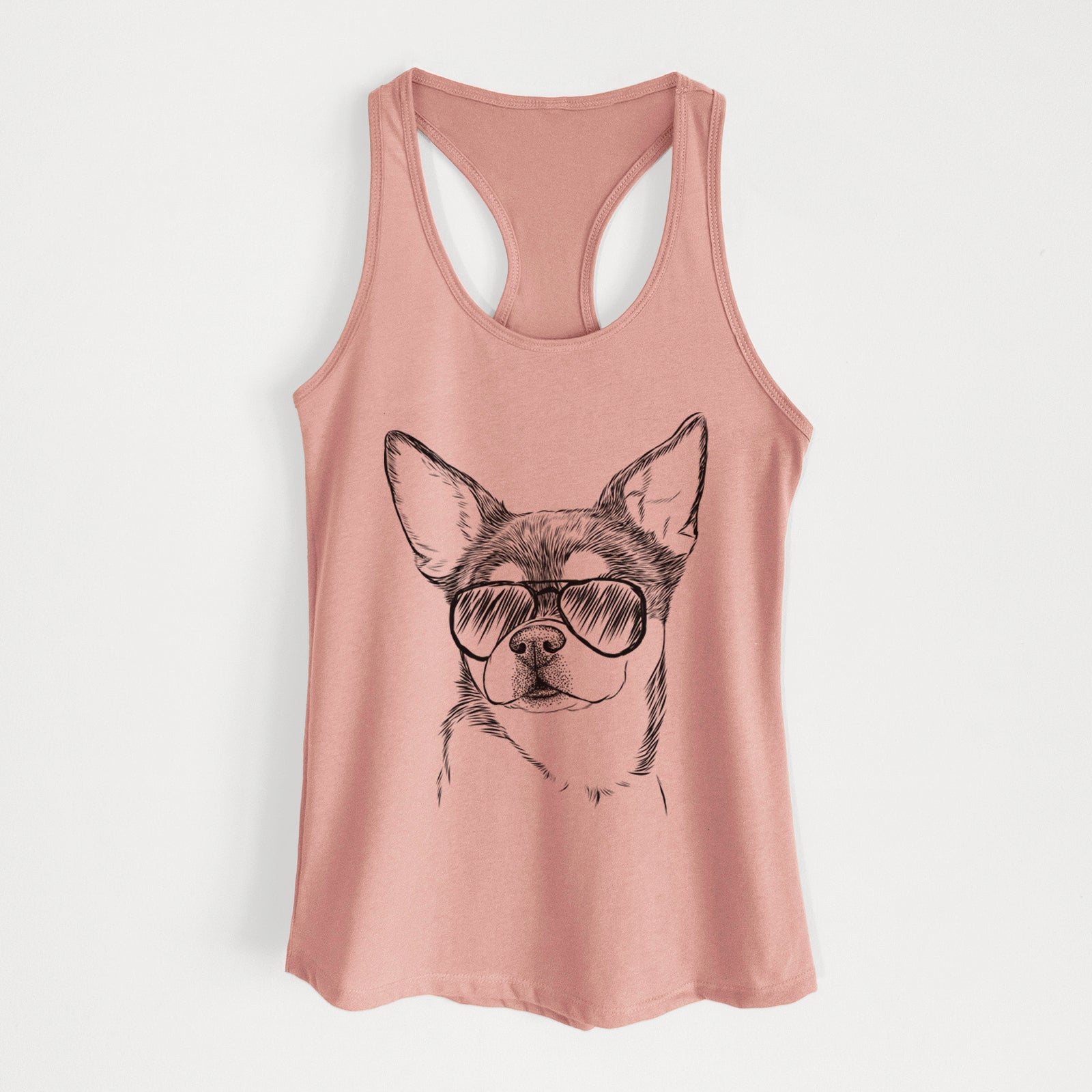 Hand-drawn sketch of Paris the Chihuahua wearing aviator sunglasses on a Desert Pink Women's racerback tanktop