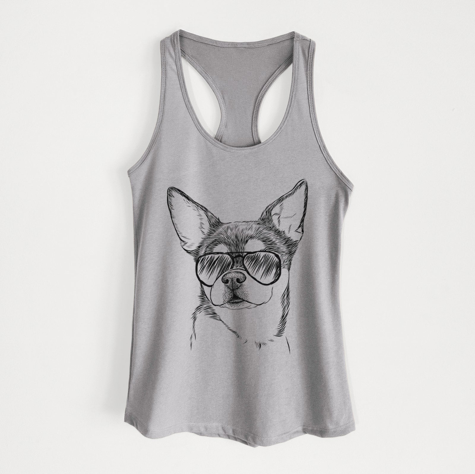 Hand-drawn sketch of Paris the Chihuahua wearing aviator sunglasses on a Heather Grey Women's racerback tanktop