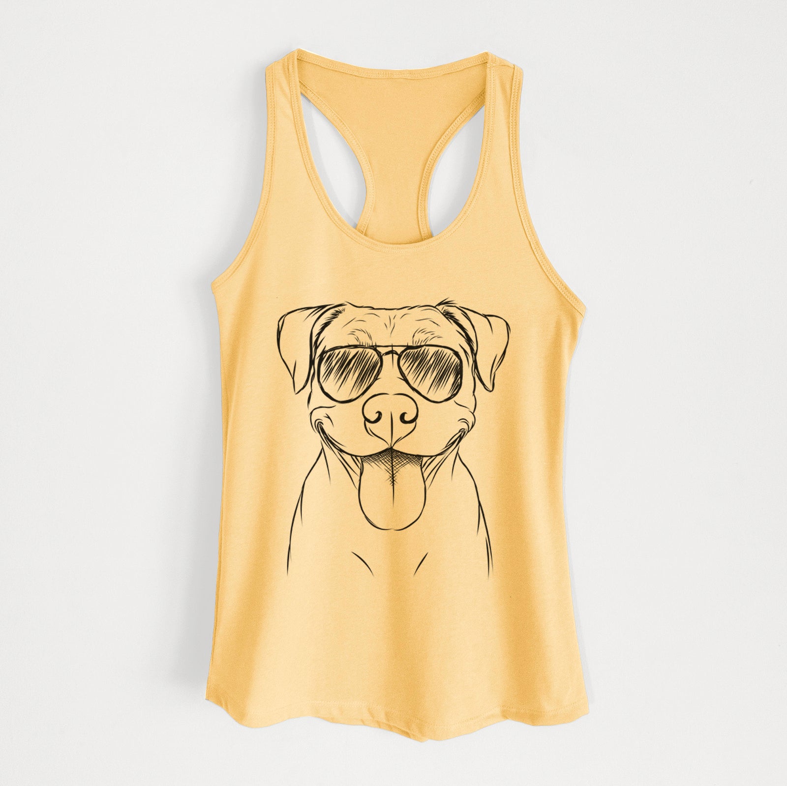 Hand-drawn sketch of Parker the Pitbull wearing aviator sunglasses on a Banana Cream Women's racerback tanktop