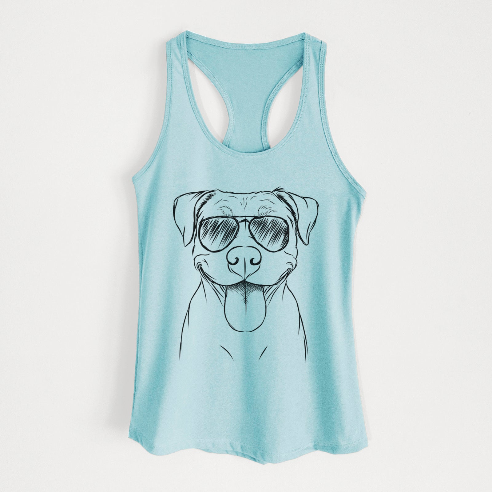 Hand-drawn sketch of Parker the Pitbull wearing aviator sunglasses on a Cancun Blue Women's racerback tanktop