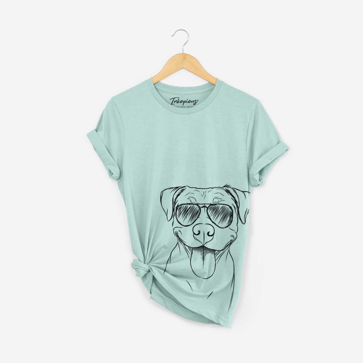 Hand-drawn sketch of Parker the Pitbull wearing aviator sunglasses on a Heather Sage Bella Canvas Unisex Crewneck