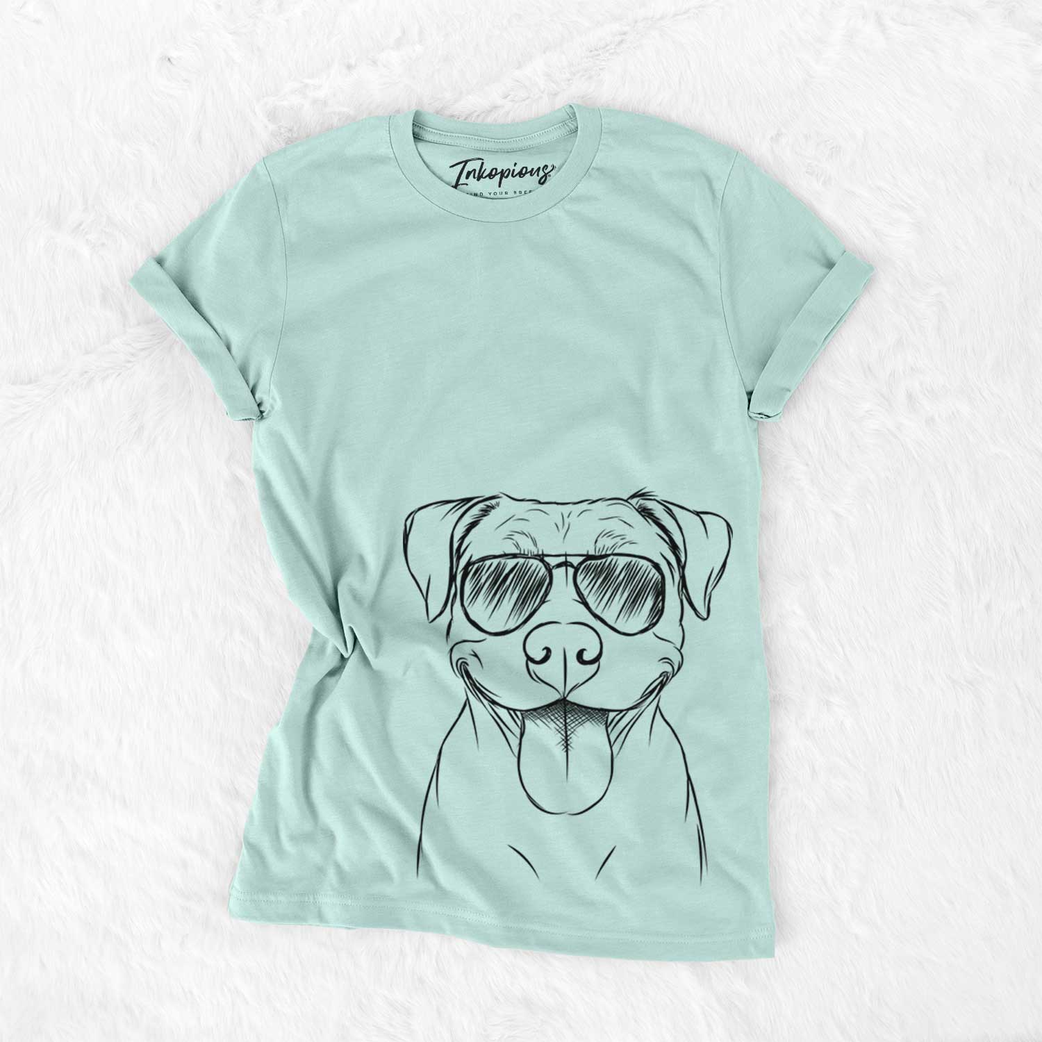Hand-drawn sketch of Parker the Pitbull wearing aviator sunglasses on a Heather Sage Unisex crewneck