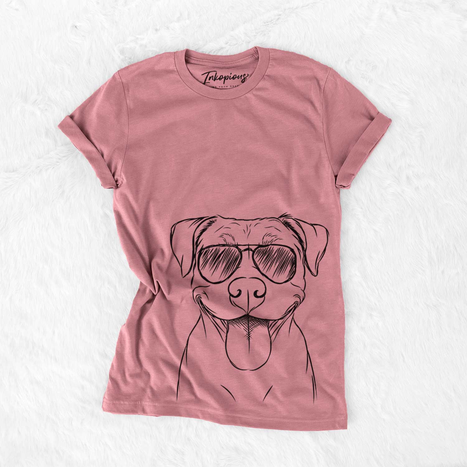 Hand-drawn sketch of Parker the Pitbull wearing aviator sunglasses on a Mauve Bella Canvas Unisex Crewneck