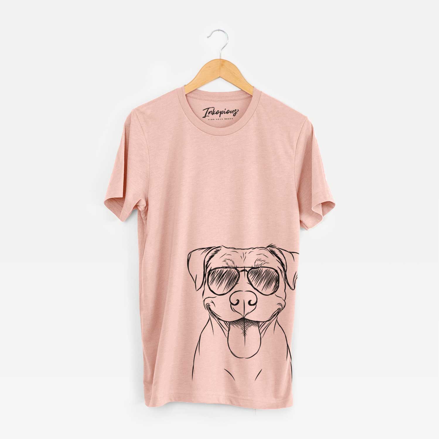Hand-drawn sketch of Parker the Pitbull wearing aviator sunglasses on a Peach Bella Canvas Unisex Crewneck